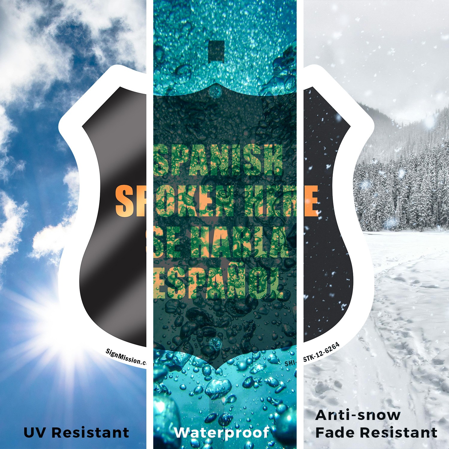Spanish Spoken Here Bilingual English / Spanish Weather Shield Sign With Stake