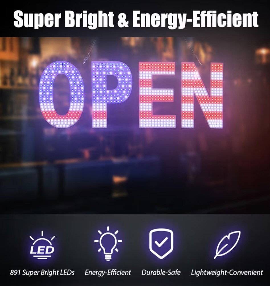 LED Open Signs for Business, 30&Prime;x10&Prime; Large Dimmable US Flag