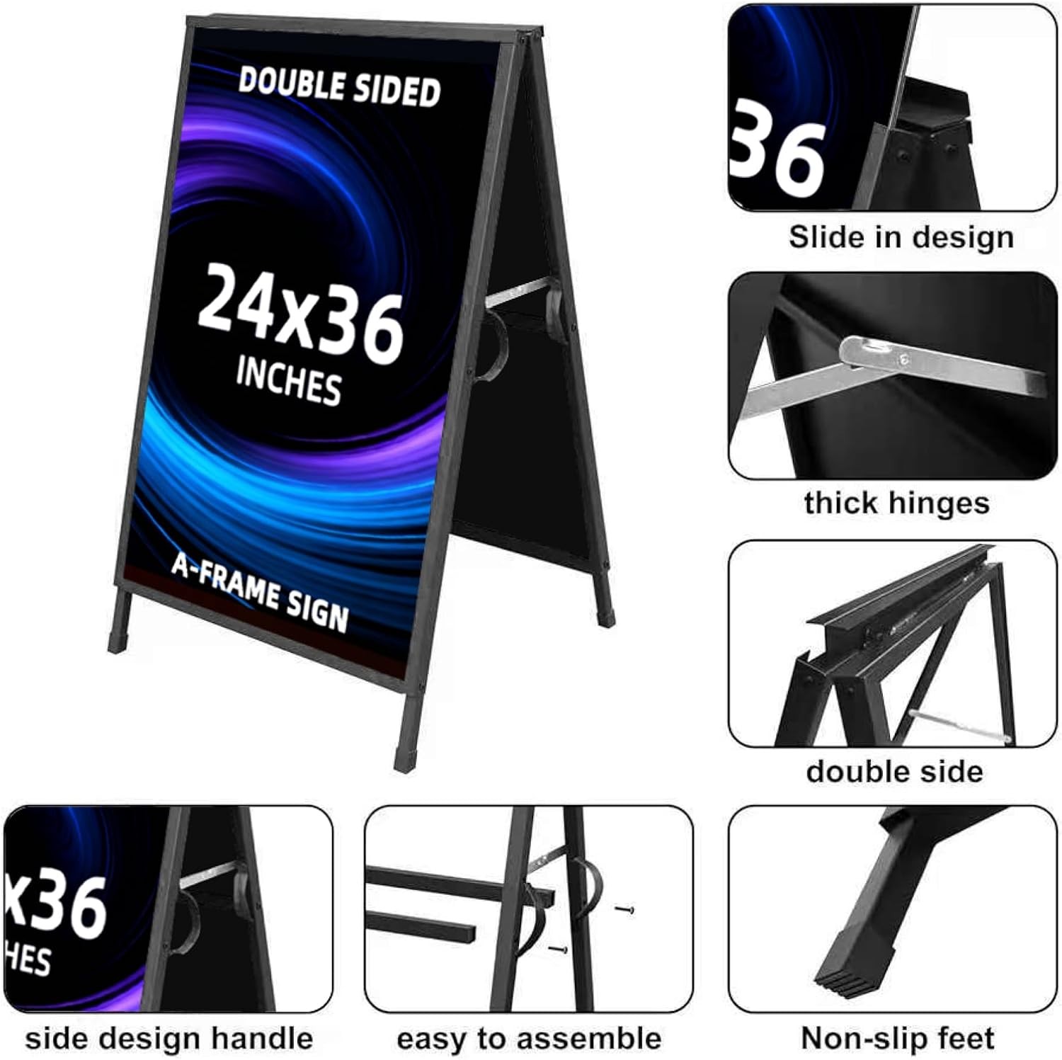 Heavy Duty Slide-in Folding Sandwich Board A-Frame 24×36 inches, Black