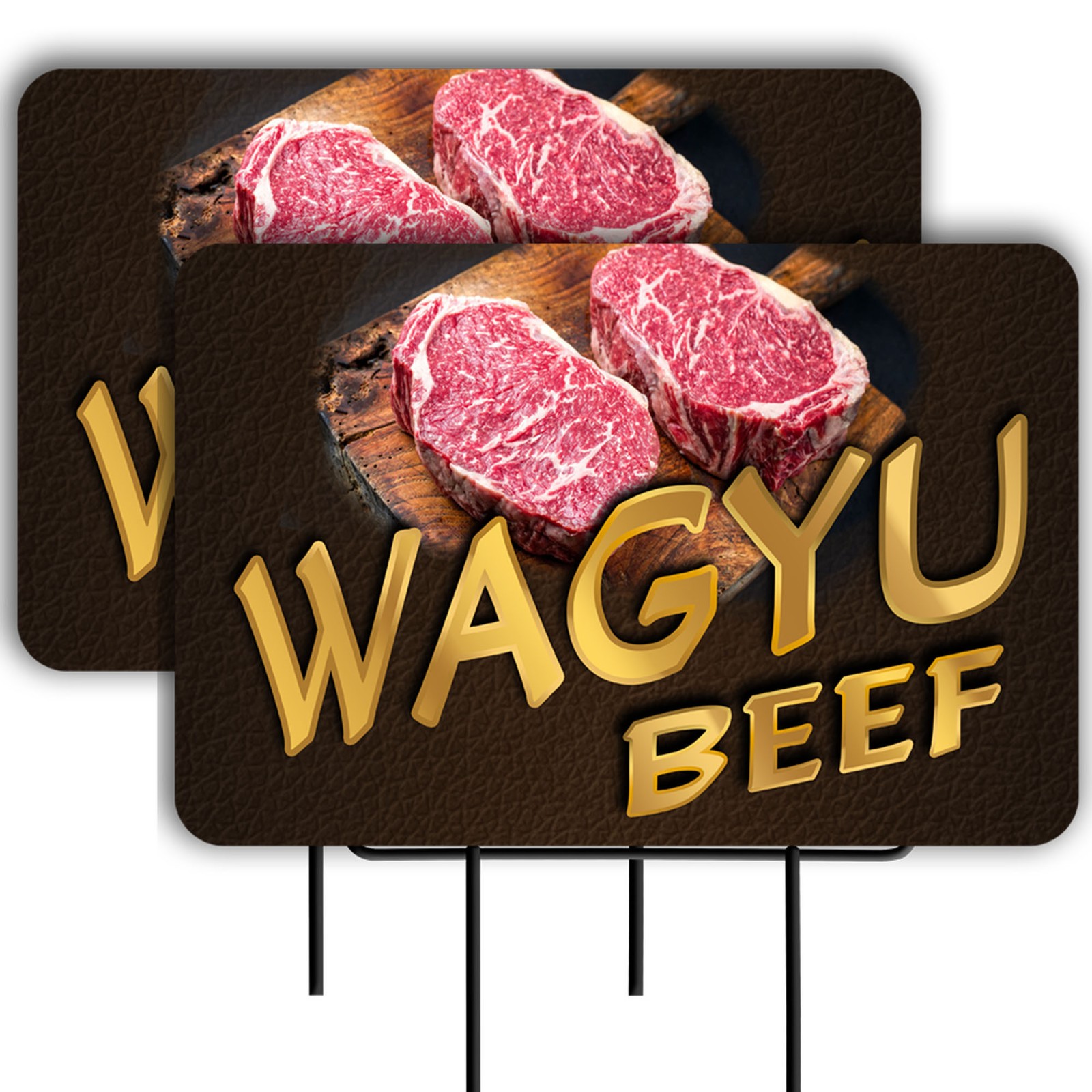 Wagyu Beef 2 Pack Double-Sided Yard Signs 16&Prime; x 24&Prime; with Metal Stakes (Made in T