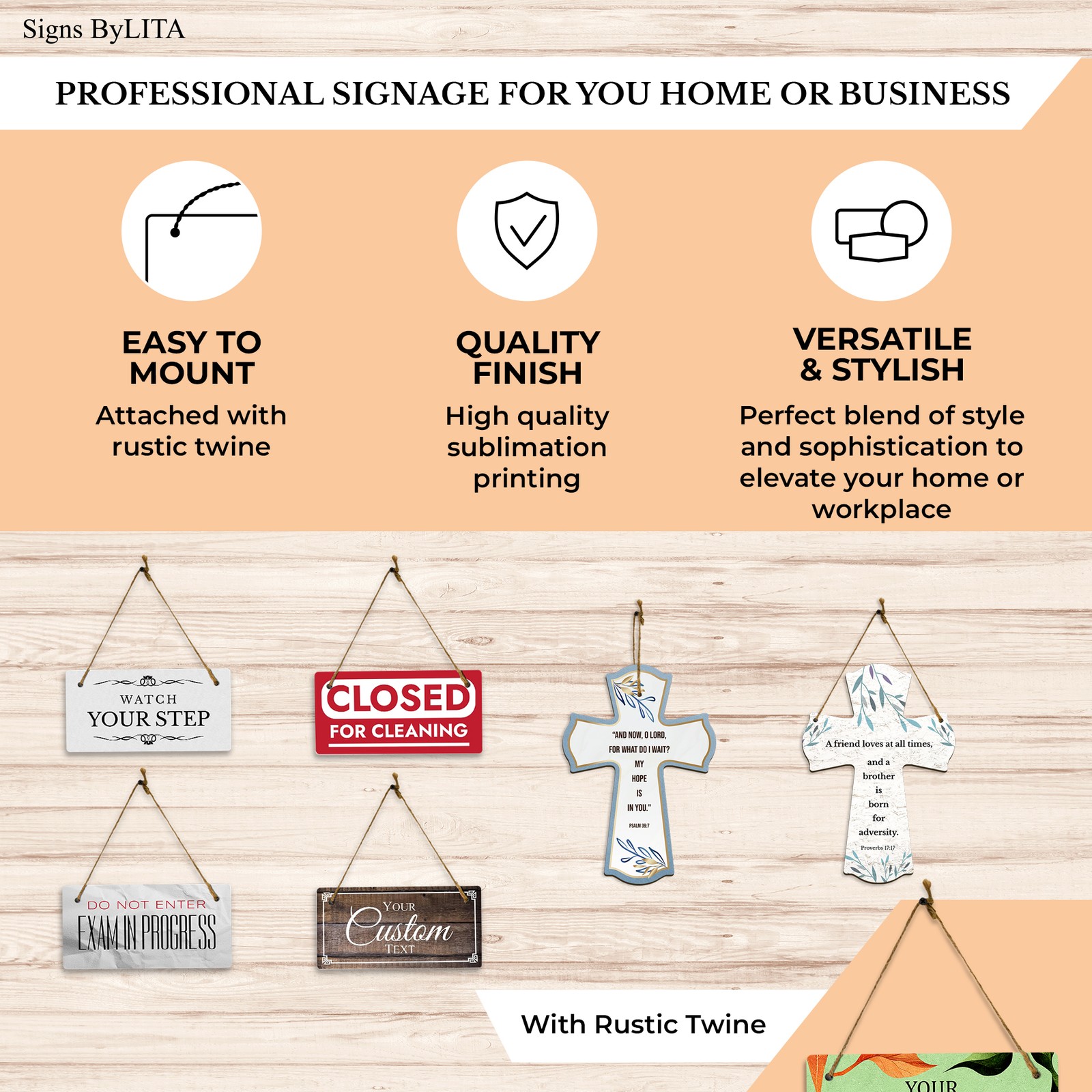 Business Office and Home Signs | Rustic Oak Wood 5 x 10&Prime; Hanging Signs
