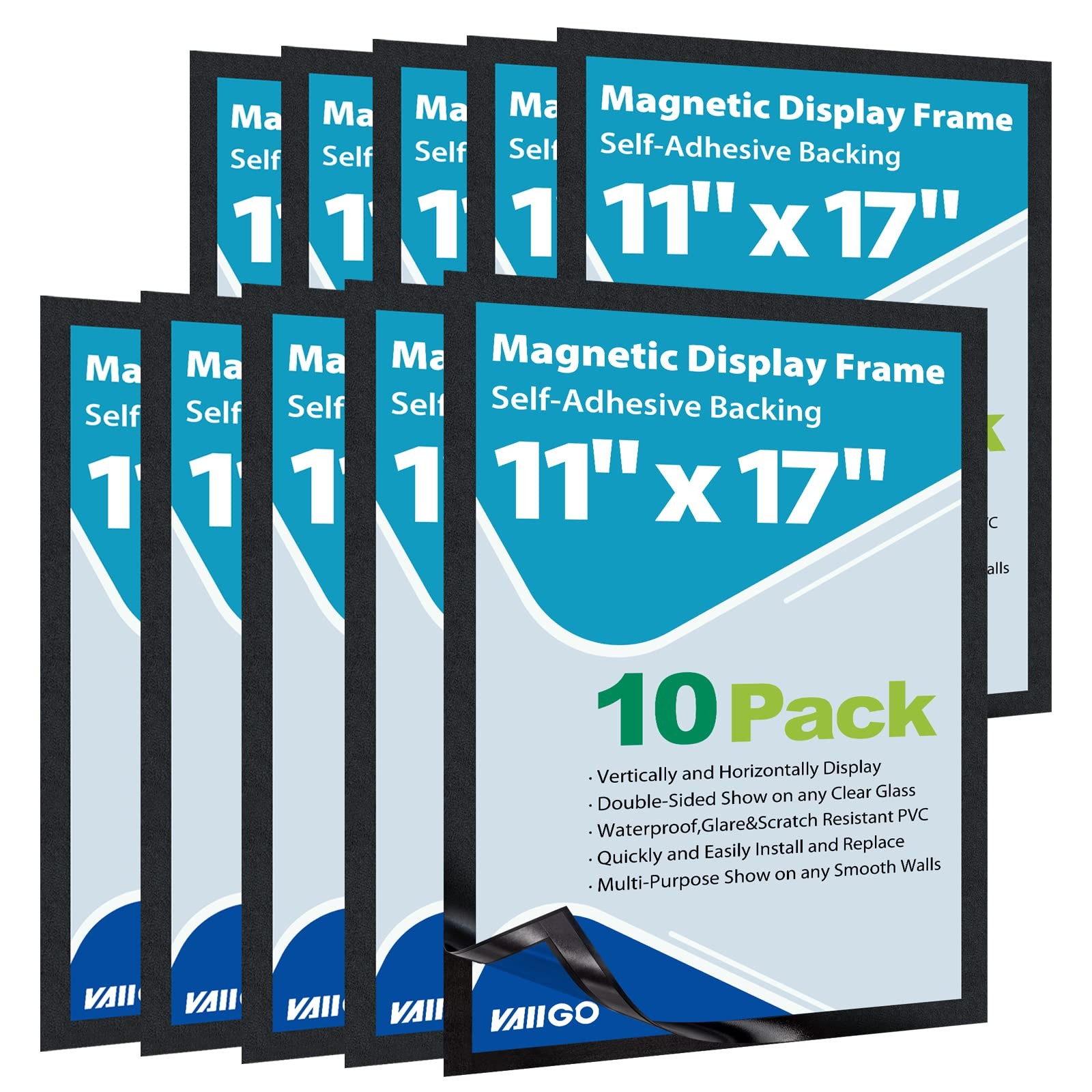 VAIIGO 11&Prime;x 17&Prime; Self Adhesive Magnetic Sign Holder, 11&Prime;x17&Prime; 10Pack, Black