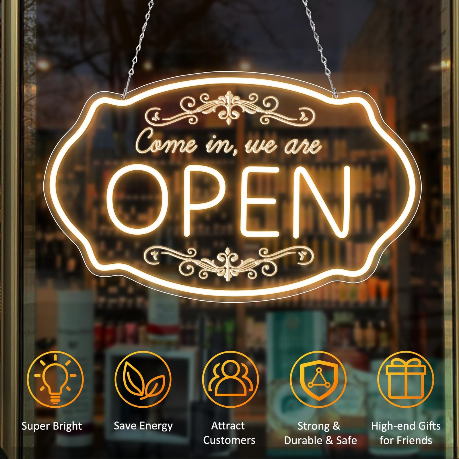 Bright LED Neon Open Sign – Adjustable Warm White Light for Business & Events