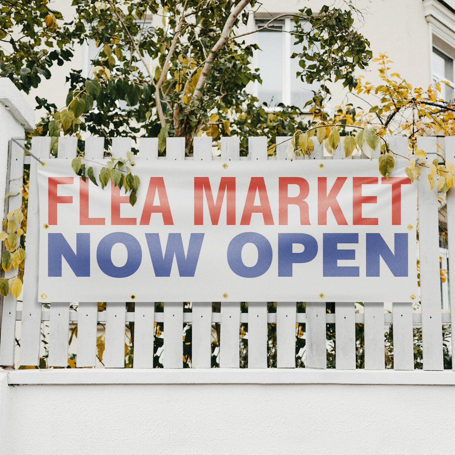 Flea Market Now Open Vinyl Banner Sign with Metal Grommets Heavy-Duty