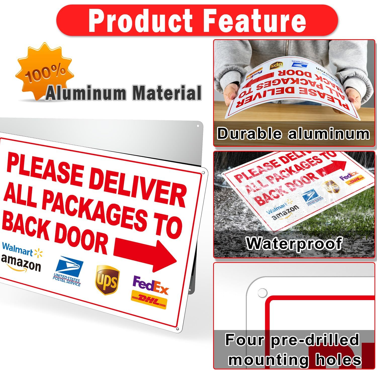 Please Deliver Packages Back Door Sign 14×10&Prime; Weatherproof Arrows 2-Pack
