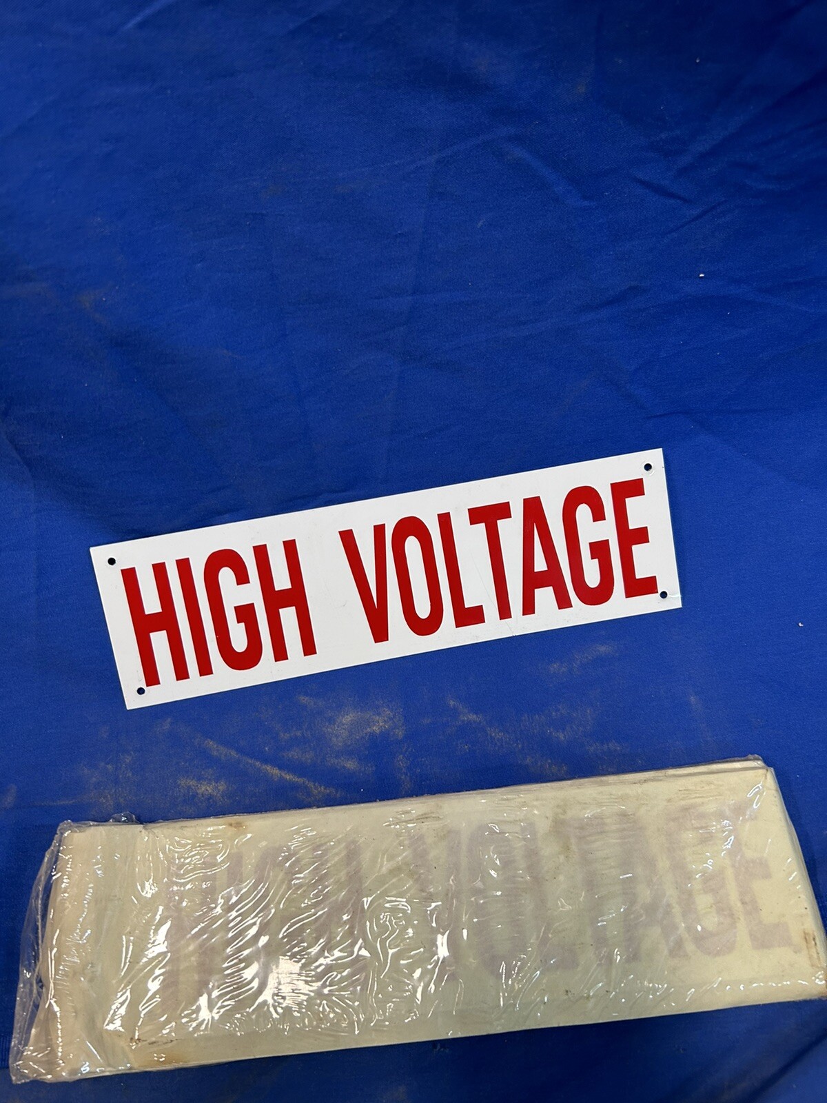 Nos Vintage Double sided white and red High voltage tin sign 12&Prime; x 3.5&Prime;