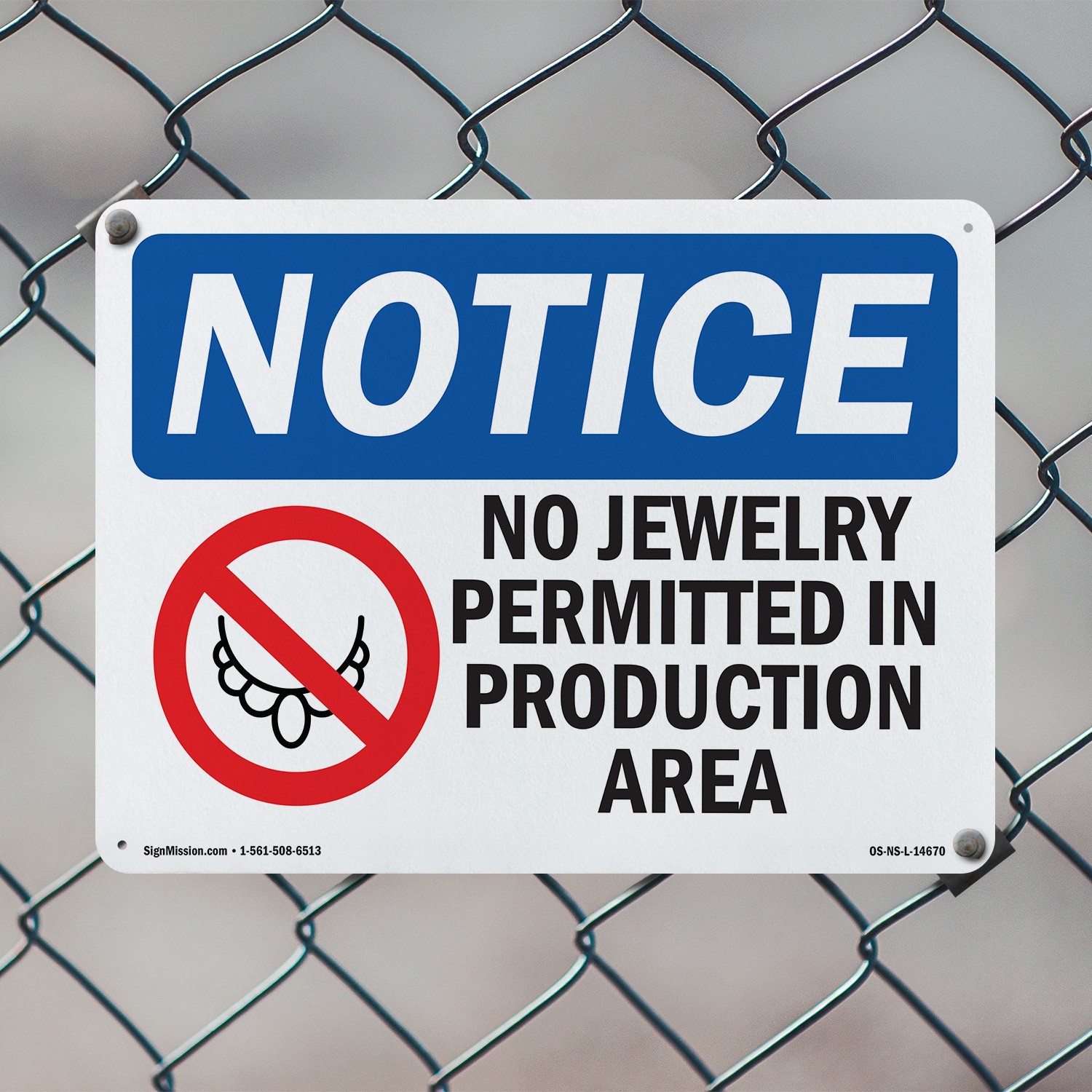 No Jewelry Permitted In Production OSHA Notice Sign Metal, Decal – 5 or 10 Pack
