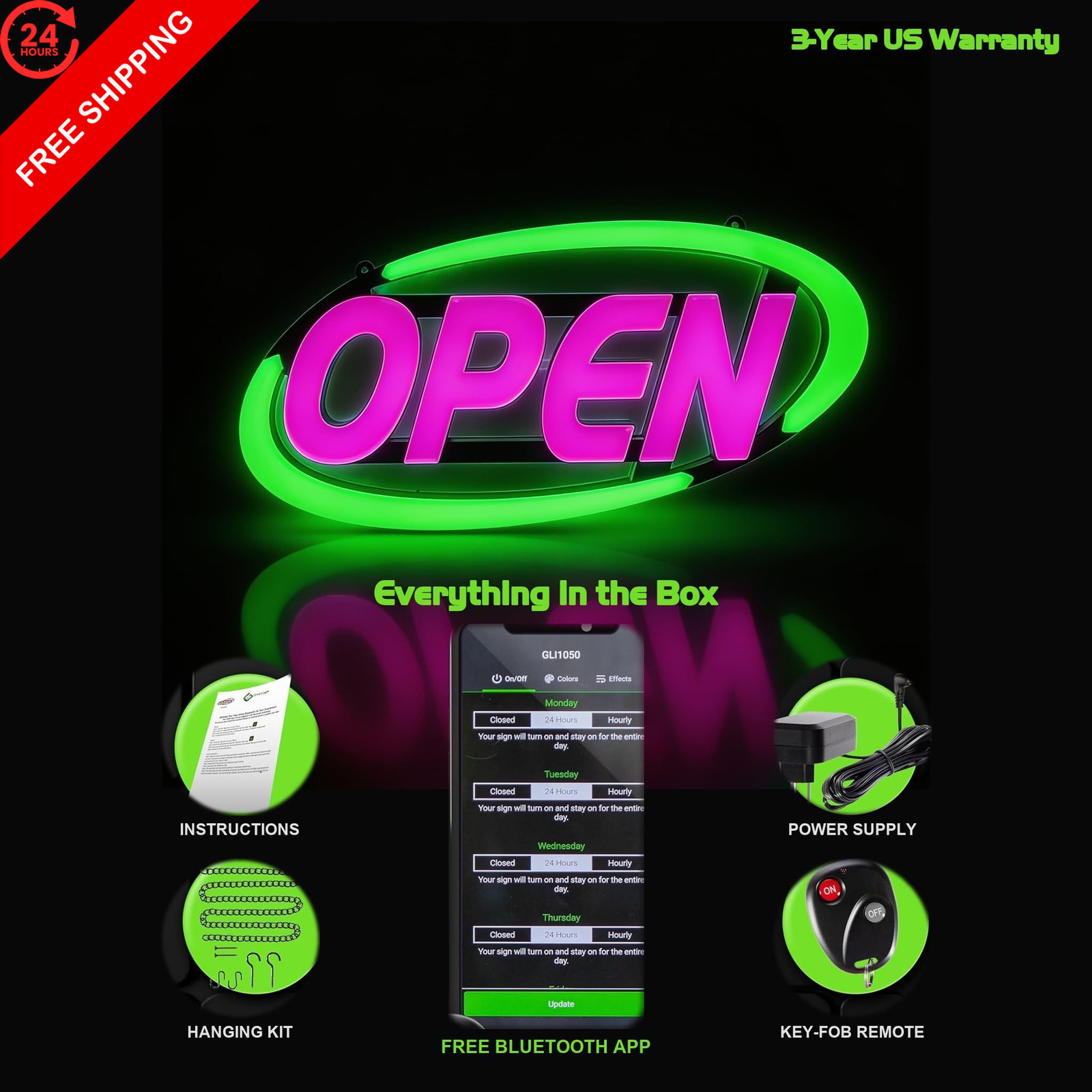 Green Light Innovations Super-Bright LED Open Sign for 15&Prime; x 32&Prime;, Multi Color