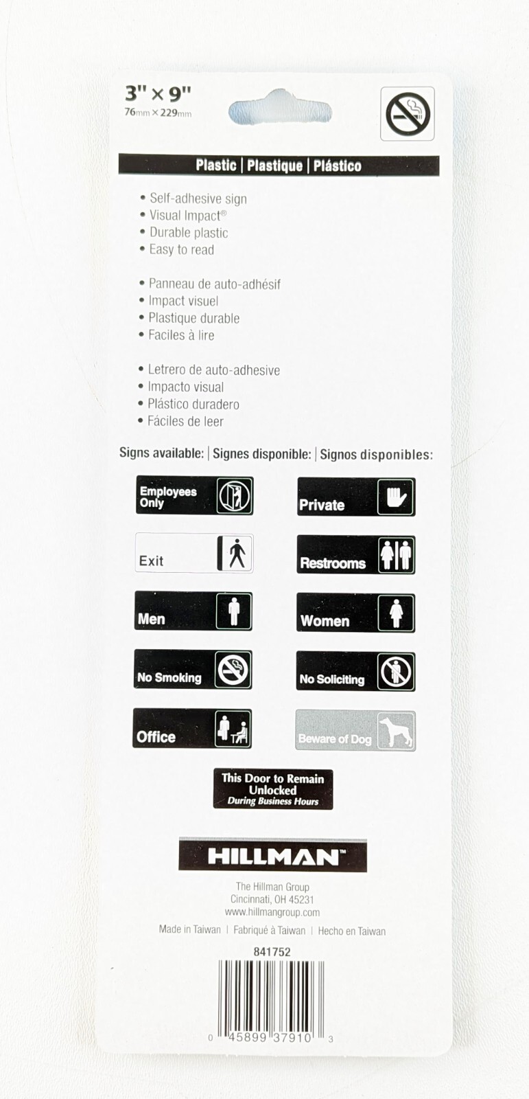 NO SMOKING Self Adhesive Plastic Sign 3 x 9&Prime; Hillman 841752 Symbol Black White