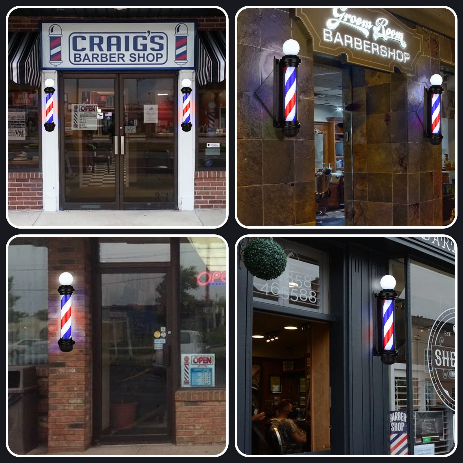 Noverlife 34In Barber Pole Led Sign Barber Shop Pole Red Blue White Stripes