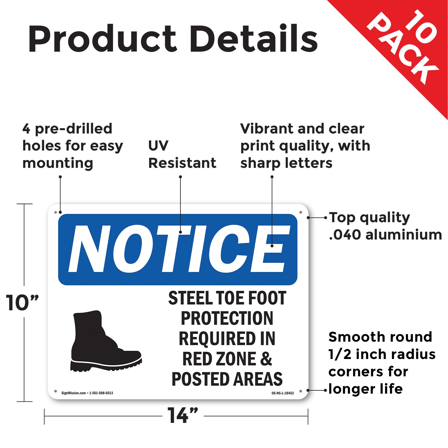 Steel Toe Foot Protection Required OSHA Notice Sign Metal, Decal – 5 or 10 Pack