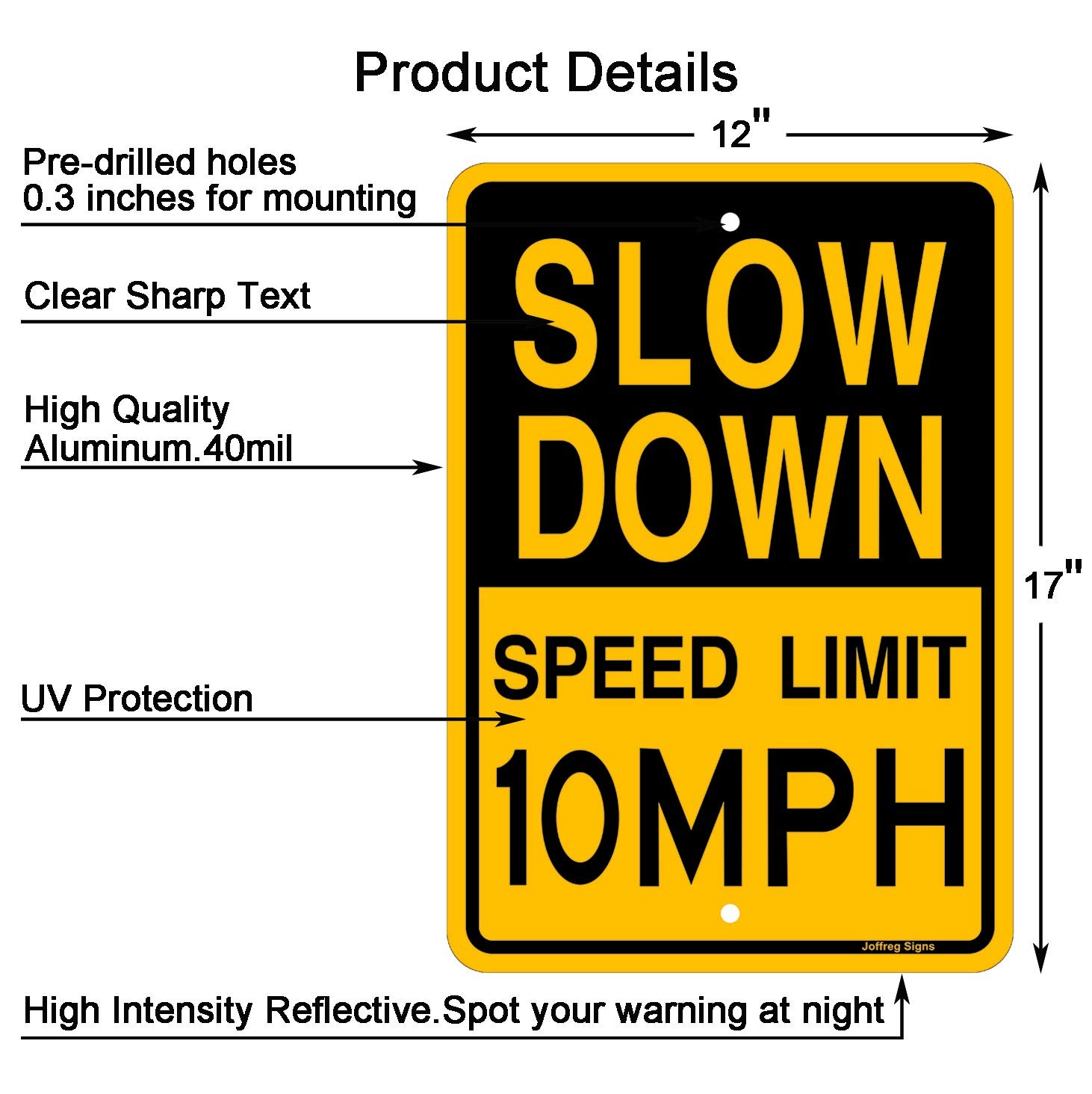 2 PCS Slow Down Speed Limit 10 MPH Sign 17×12 Inch Reflective Aluminum