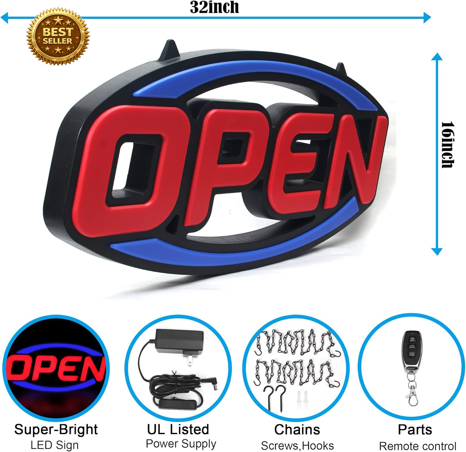 32in LED Open Sign Remote Control Flashing Display for Business Shop