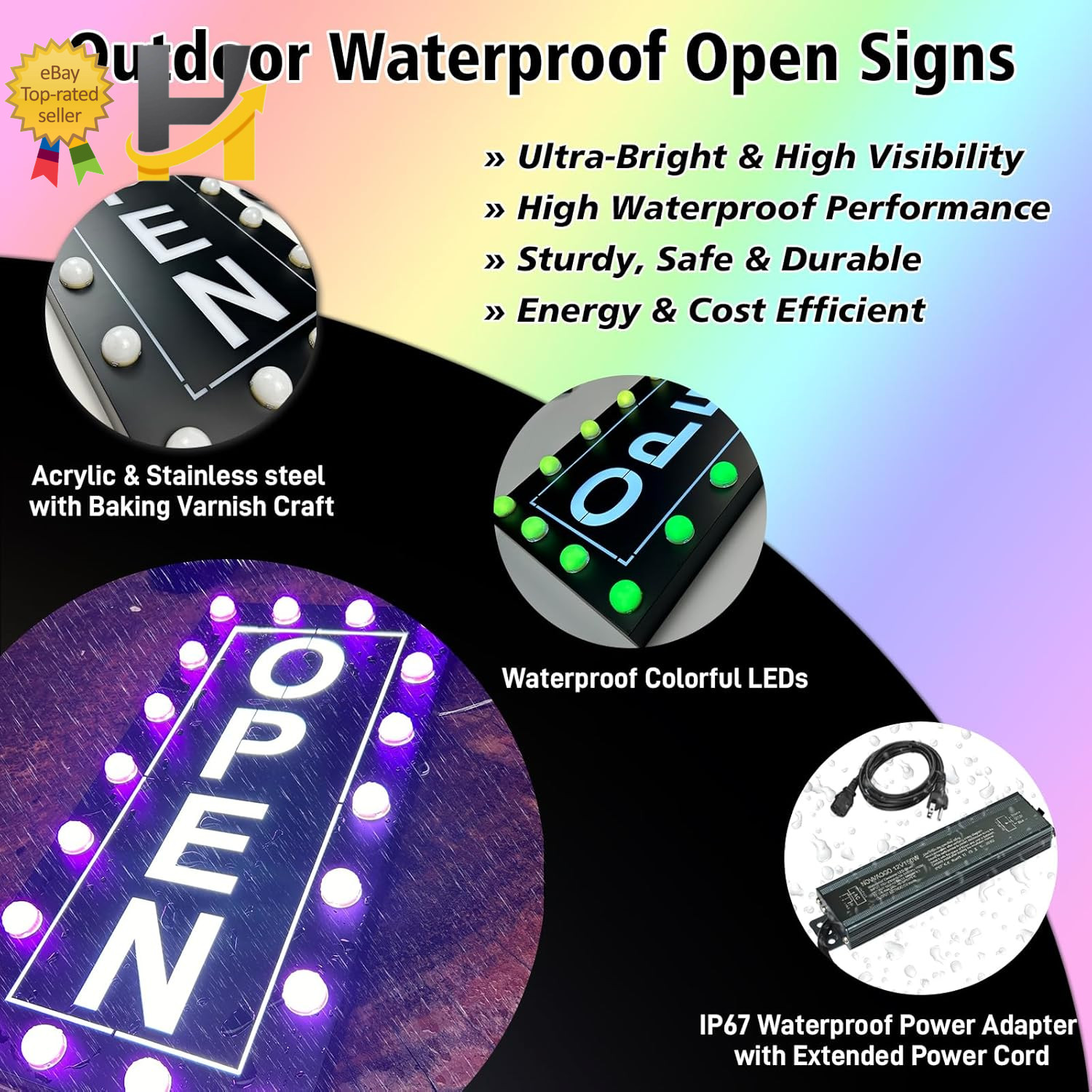 Vibrant Waterproof LED Open Sign – Color Changing RGB for Outdoor Business Use