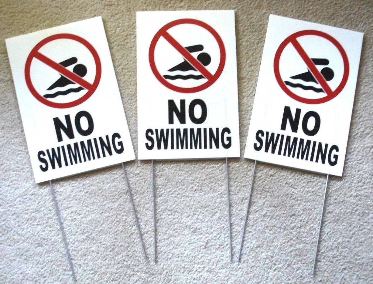 (3) NO SWIMMING with Symbol 8&Prime; x12&Prime; Plastic Coroplast Signs with Stakes
