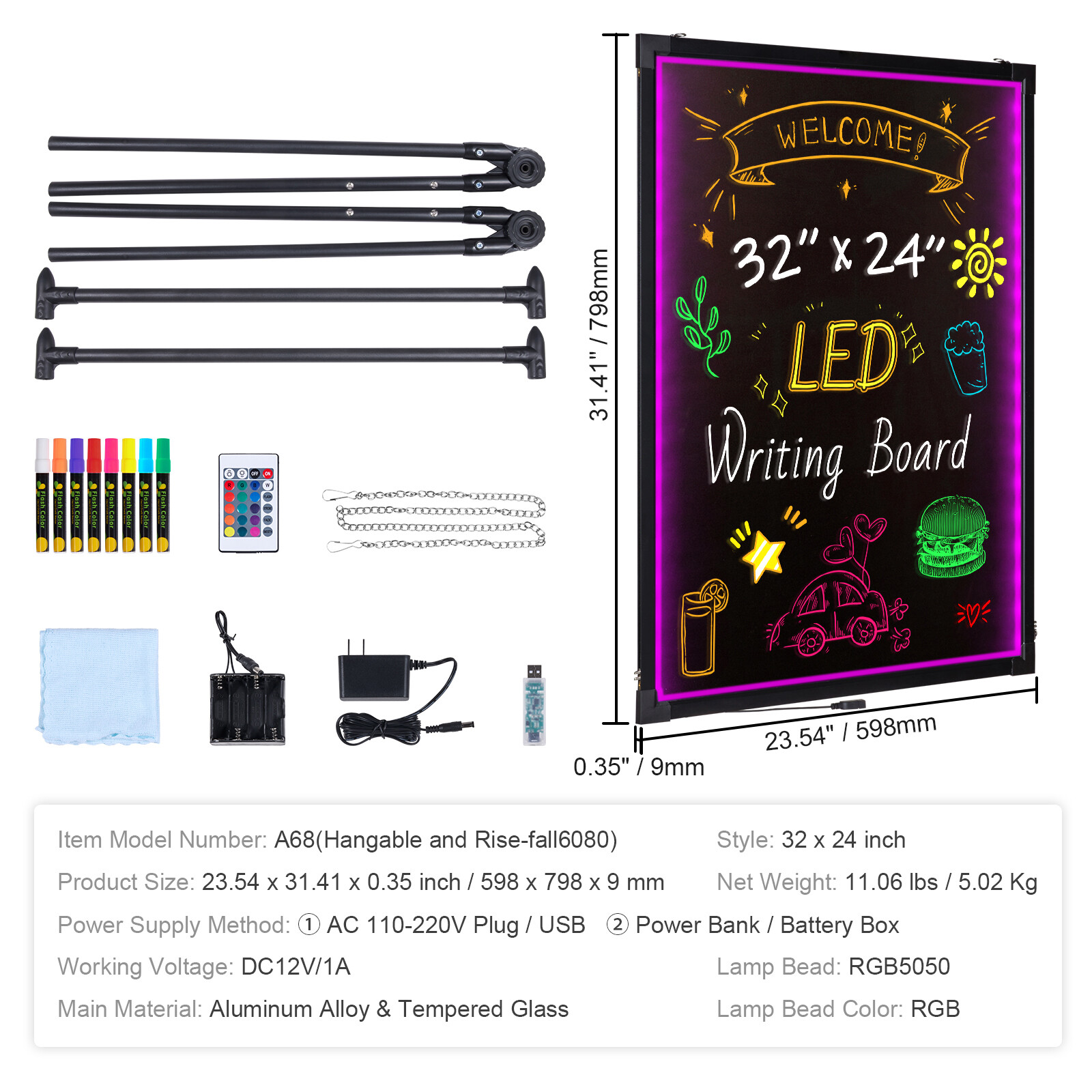 VEVOR LED Message Writing Board 32&Prime;x24&Prime; Illuminated Erasable Lighted Chalkboard