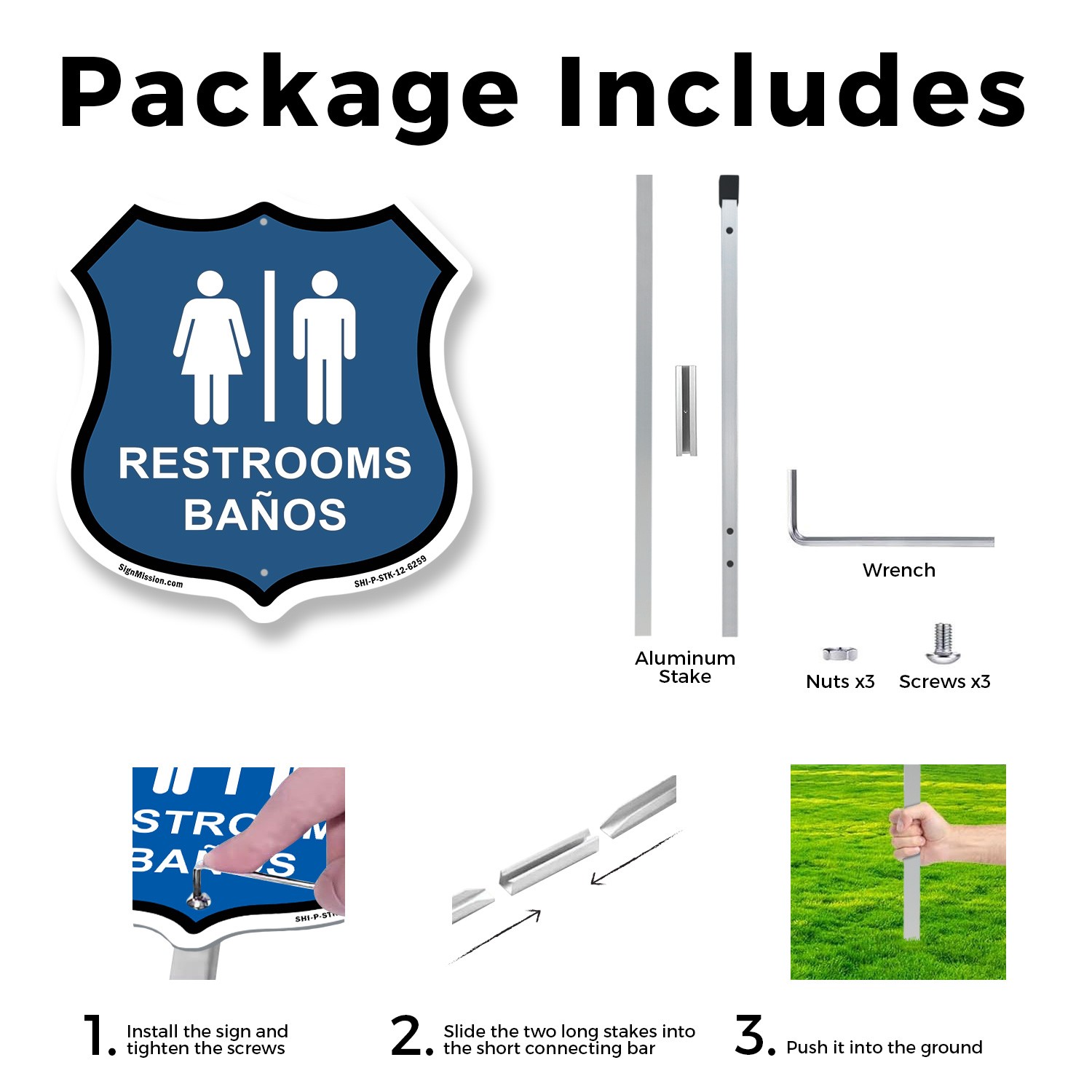 Restrooms Ba�os Bilingual English / Spanish Shiel Shaped Sign With Stake