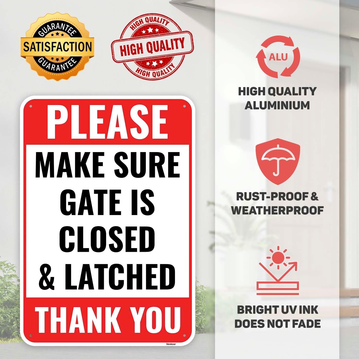 2 PCS Close And Latch Gate Sign 10×7 Inch Aluminum Safety Security Sign