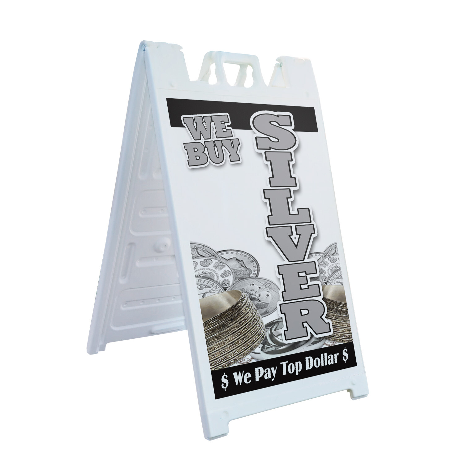 A-frame Sidewalk We Buy Silver Vertical 24&Prime; x 36&Prime; Double Sided A-Frame Sidewalk