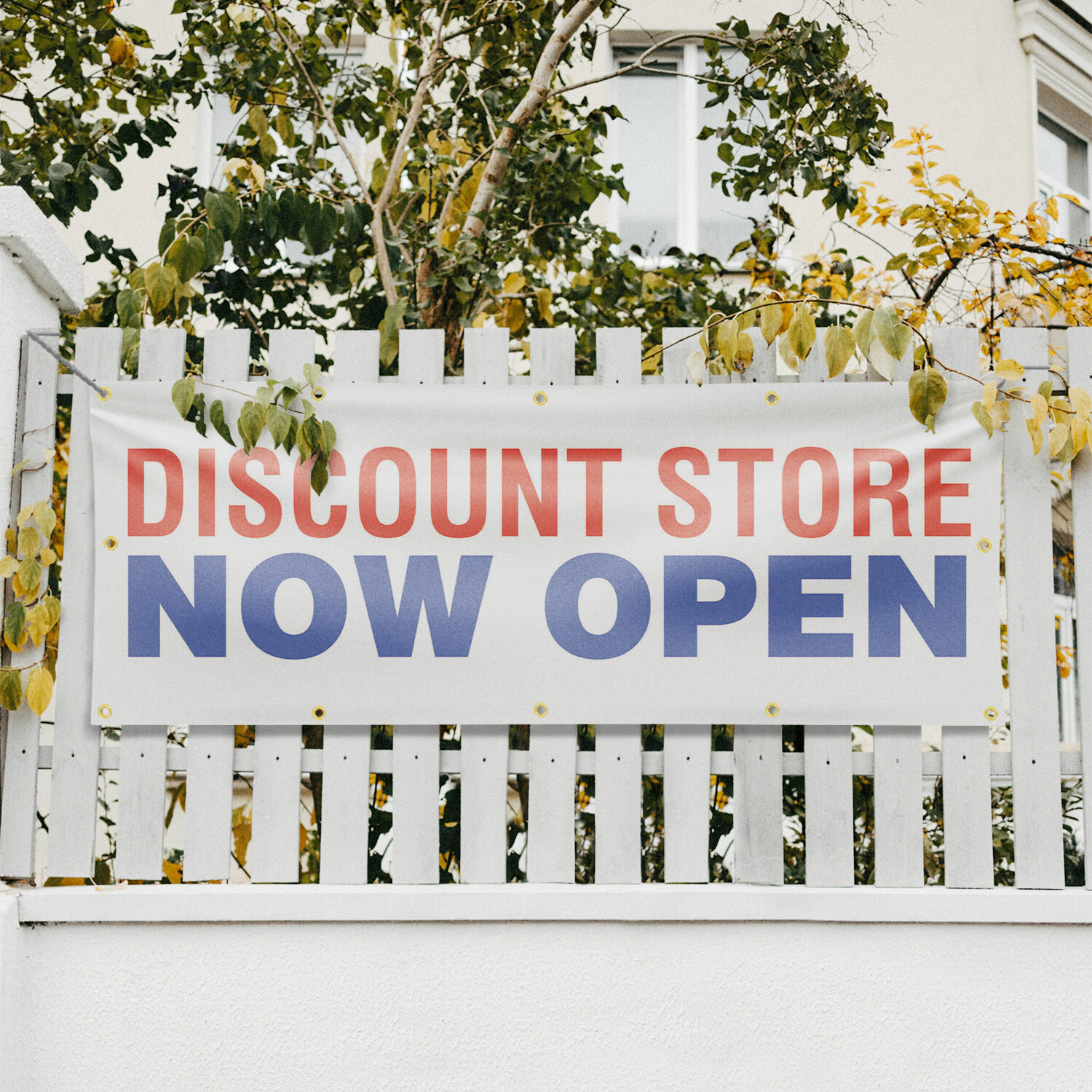 Discount Store Now Open Vinyl Banner Sign with Metal Grommets Heavy-Duty