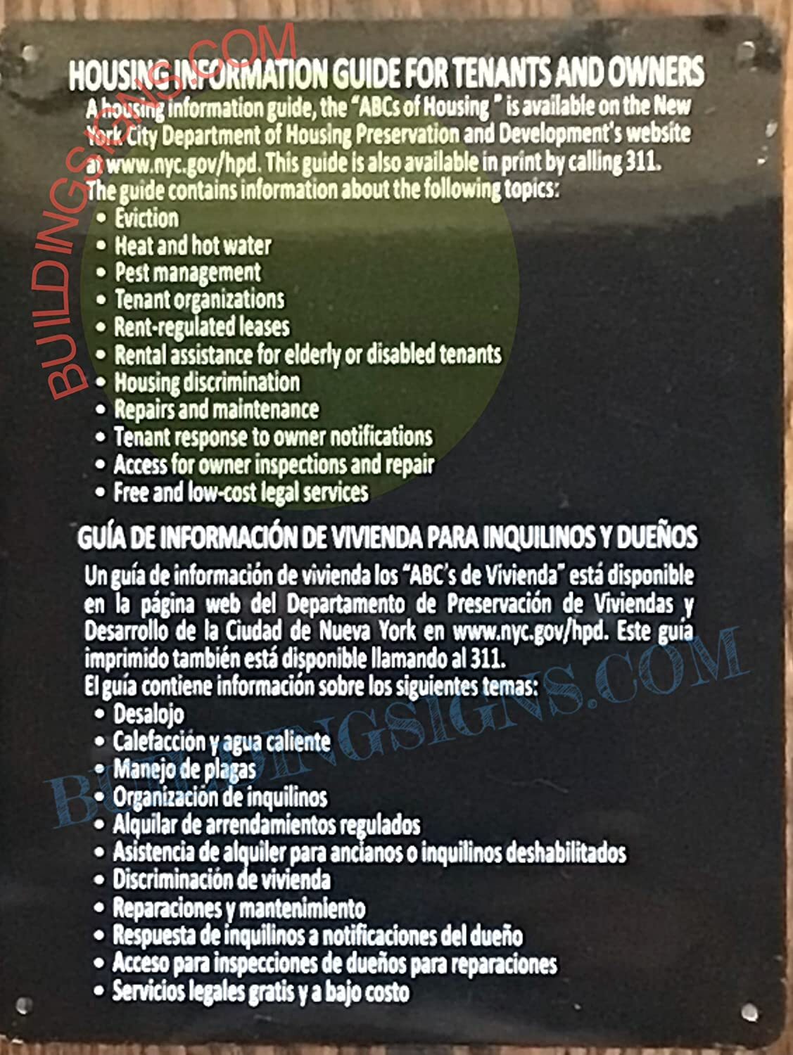 HPD -11&Prime; X 8-1/2&Prime; « Housing Information Guide » Metal Sign-BLACK ROCK-REF24-1027