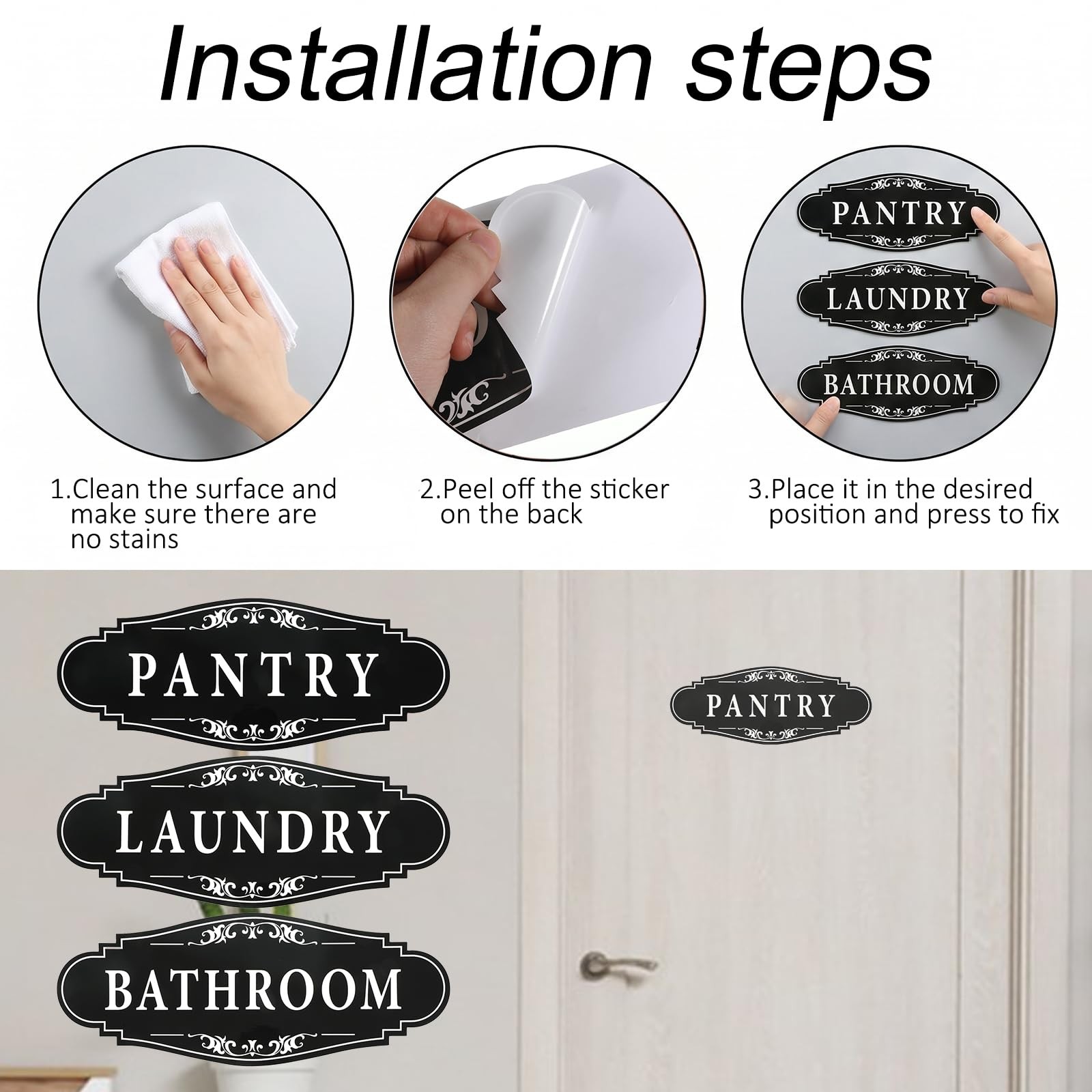 3 Pcs Laundry Room Sign Self-Adhesive Vinyl Door Signs for Bathroom Black