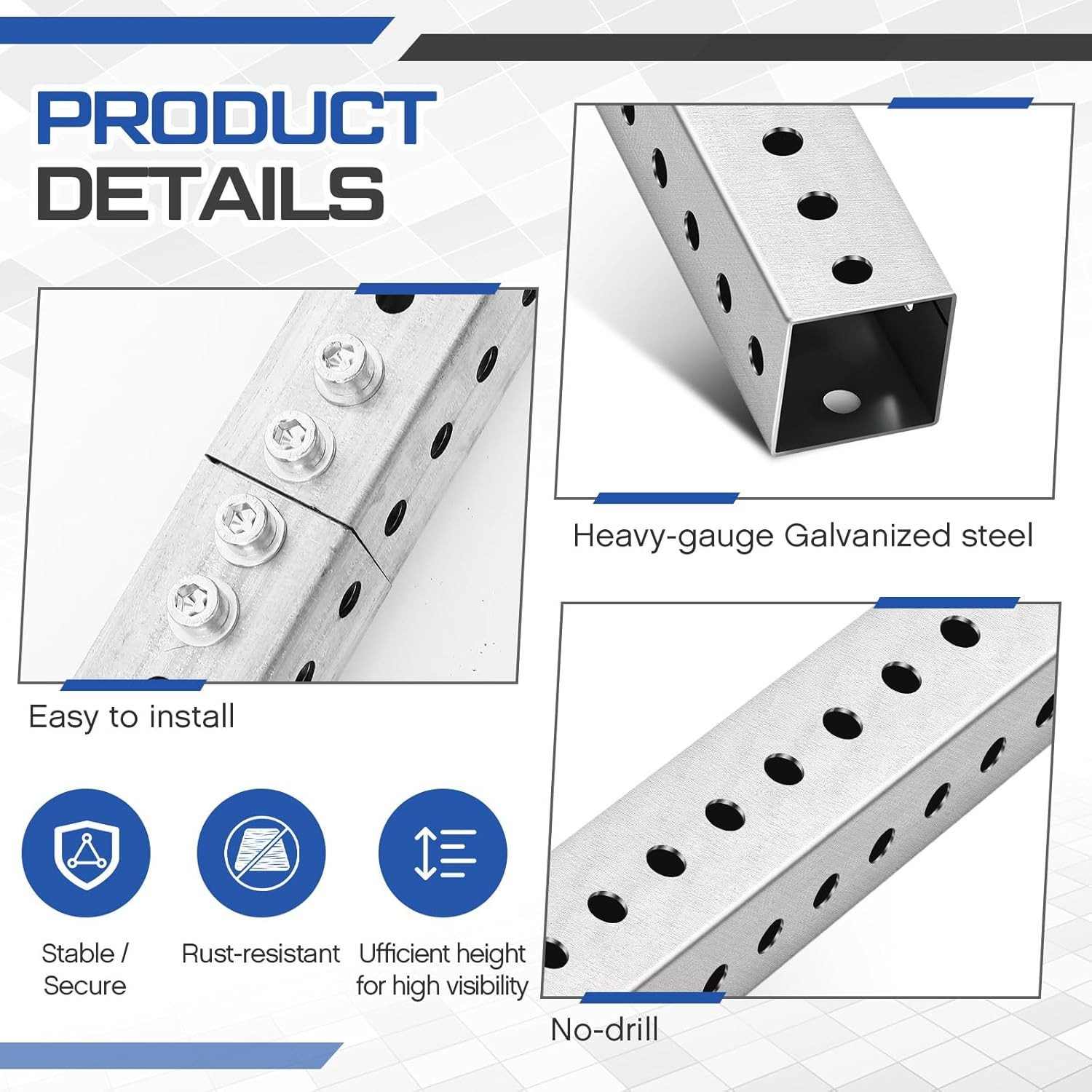 2 Pcs 8 Ft H X 2 in W Square Sign Post with 7/16” Dia Mounting Holes Galvanized