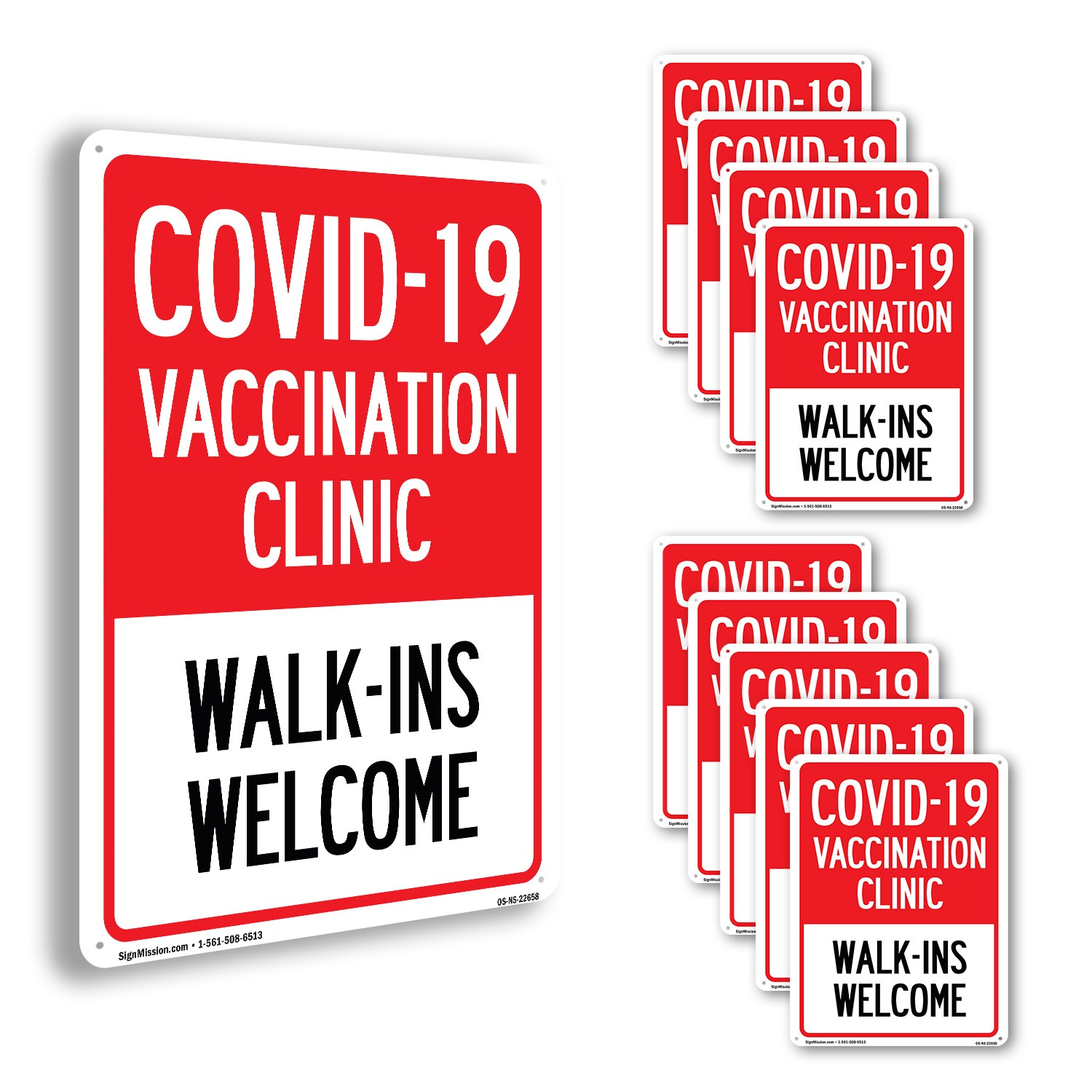 Covid-19 Vaccination Clinic Walk-Ins Welcome Public Safety Sign – 5 or 10 Pack