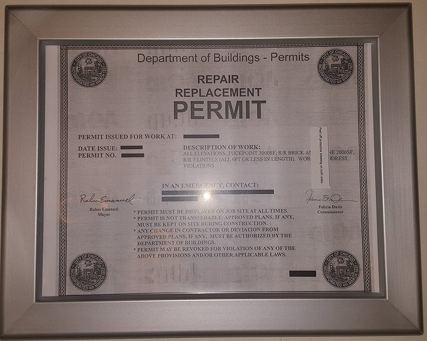 Permit frame city of Chicago 8.5 x 11 (Heavy Duty )-REF24-1027