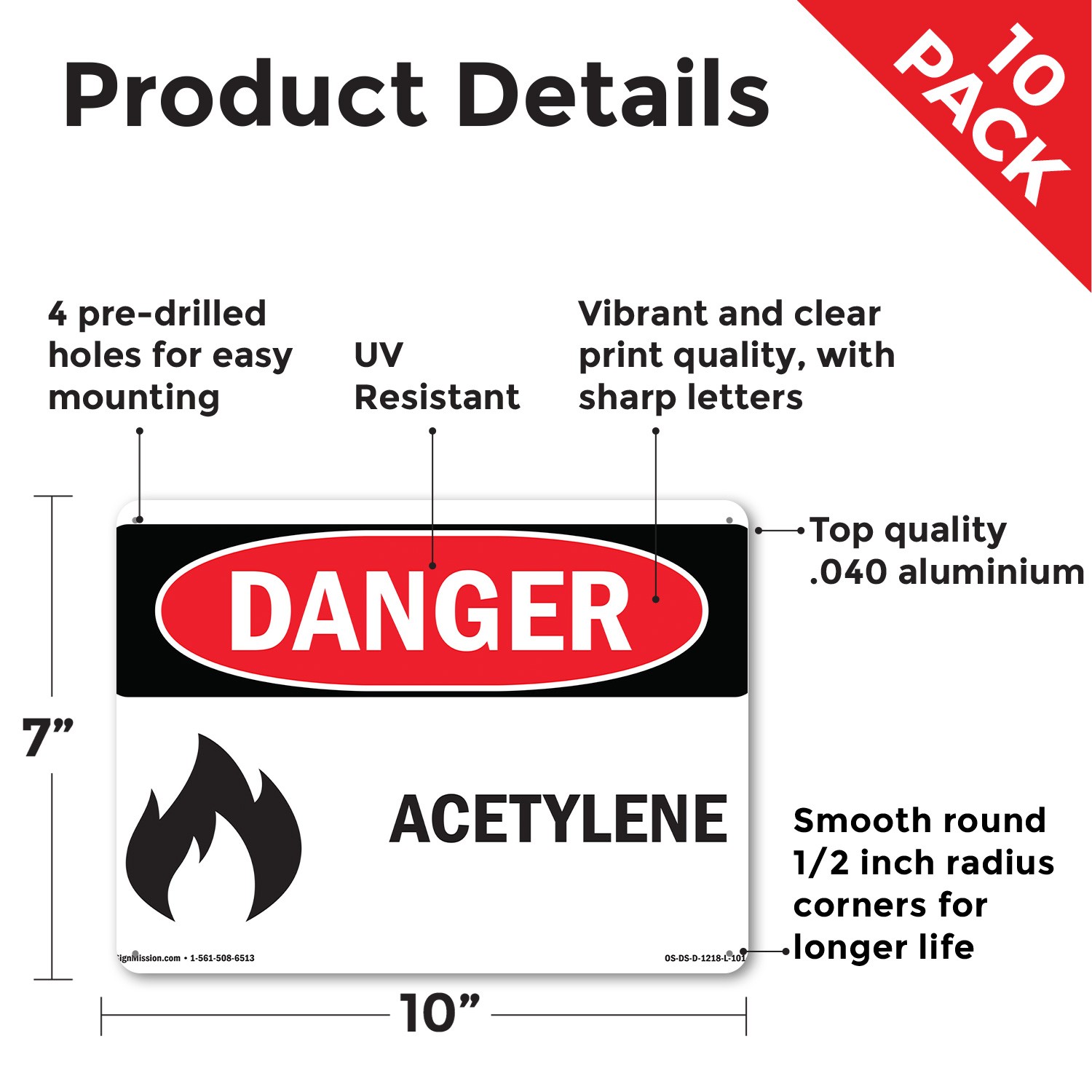 Acetylene OSHA Danger Sign Metal, Plastic, Or Decal – 5 or 10 Pack