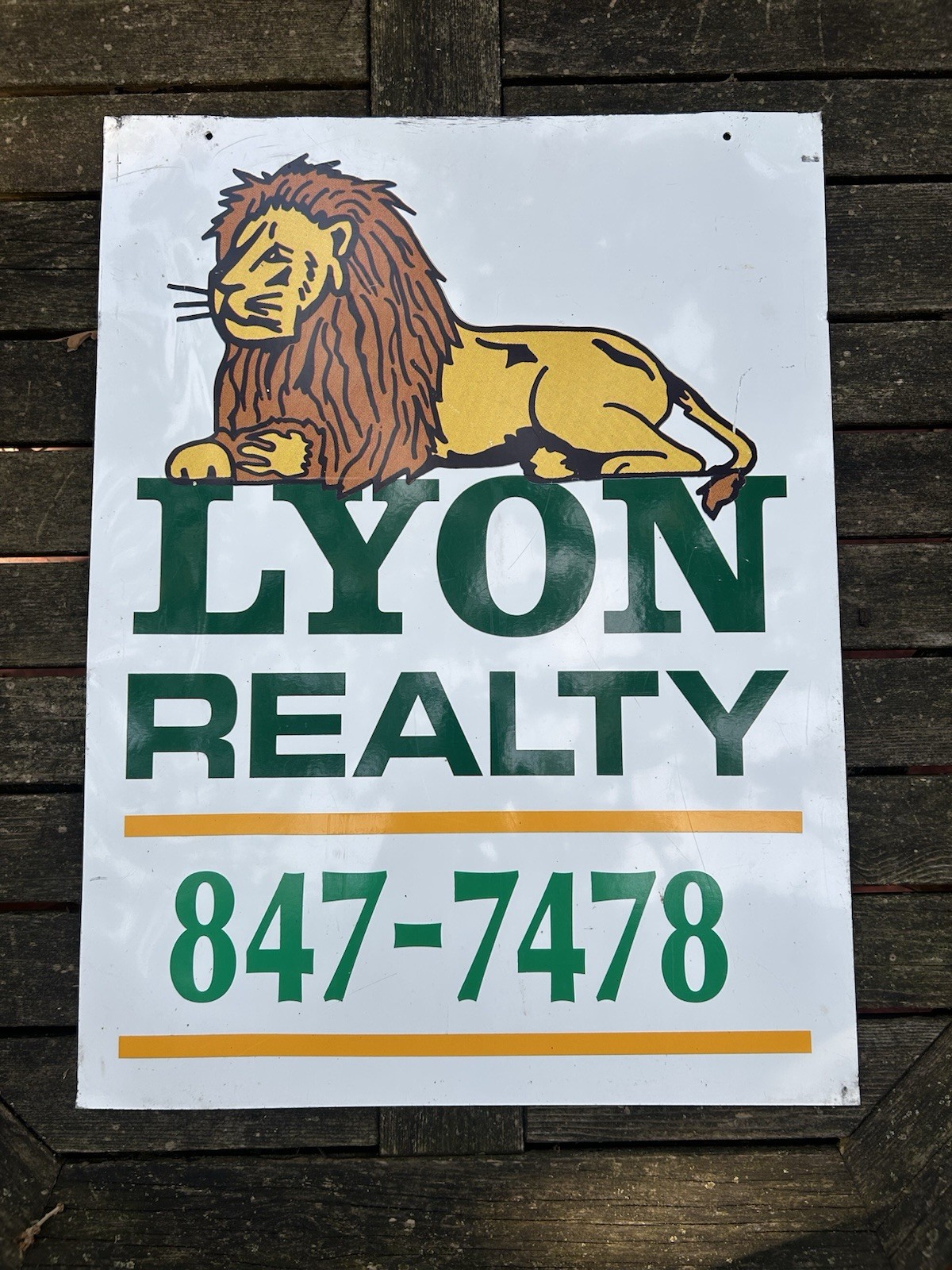 Original 2 Sided Lyon Realty Sign w Lion Graphic Logo.