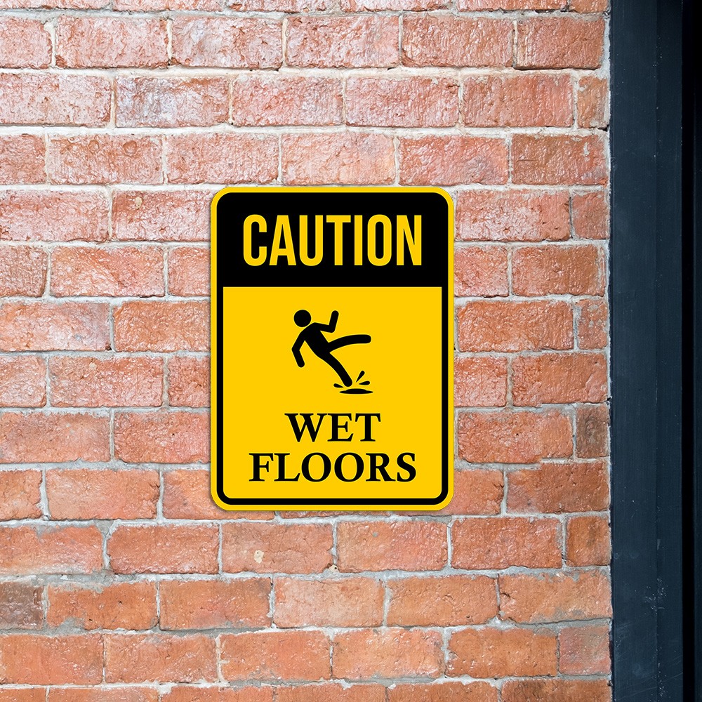 Portrait Round Plus Caution Wet Floors Wall or Door Sign