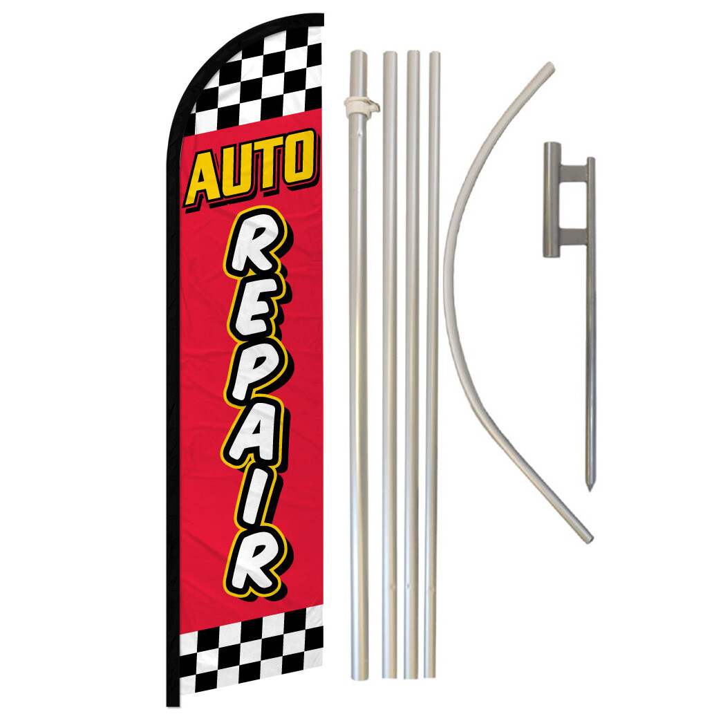 Auto Repair Full Curve Windless Swooper Flag Pole Kit Auto Mechanic RED