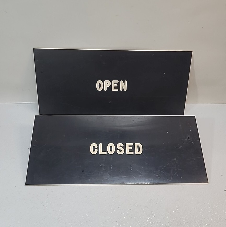 Set of Vintage OPEN / CLOSED White Letters On Black Double Sided 18&Prime; x 8&Prime;