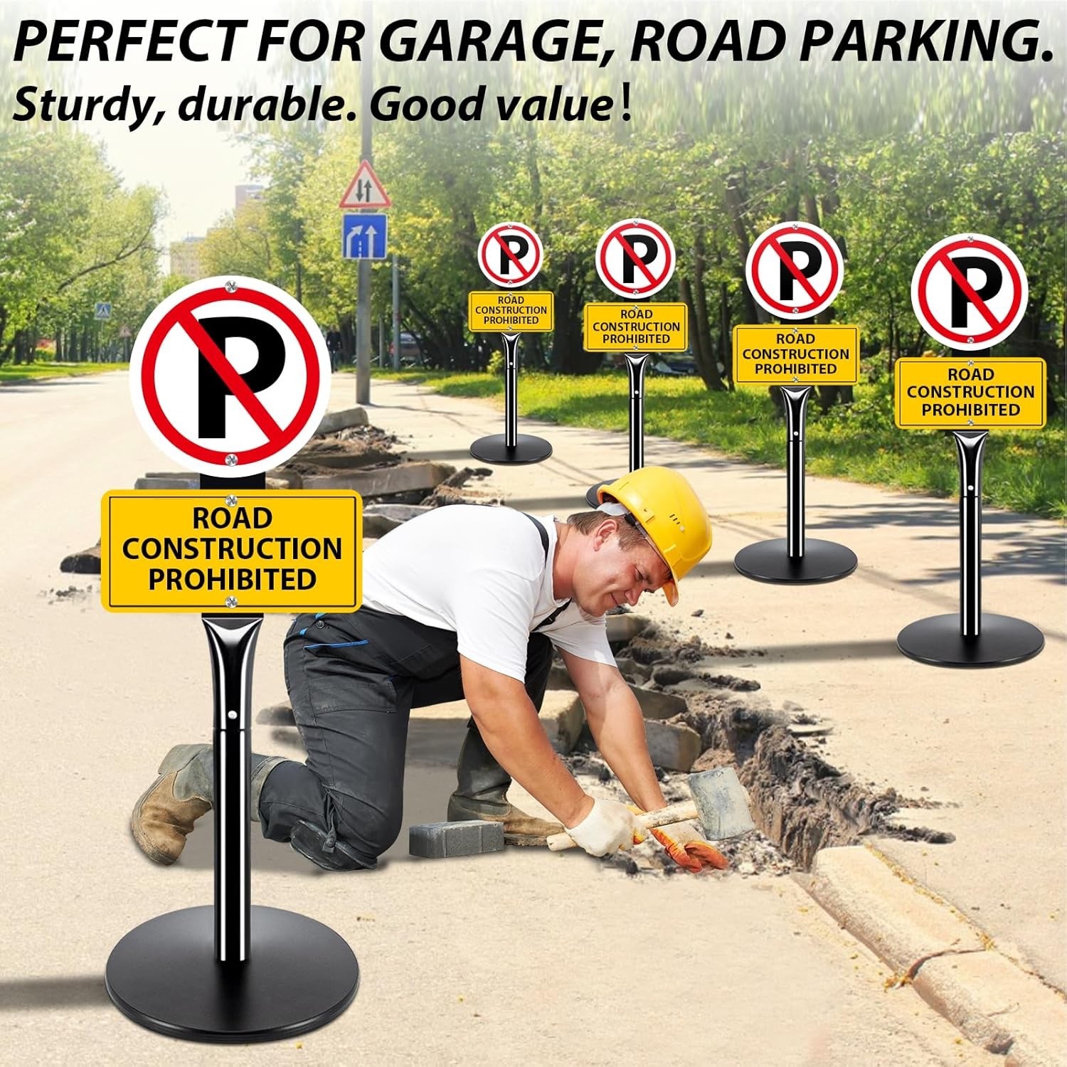 2 Pack 49&Prime; Heavy Duty Parking Sign Post Set – 20lbs Cast Iron Base for Outdoors