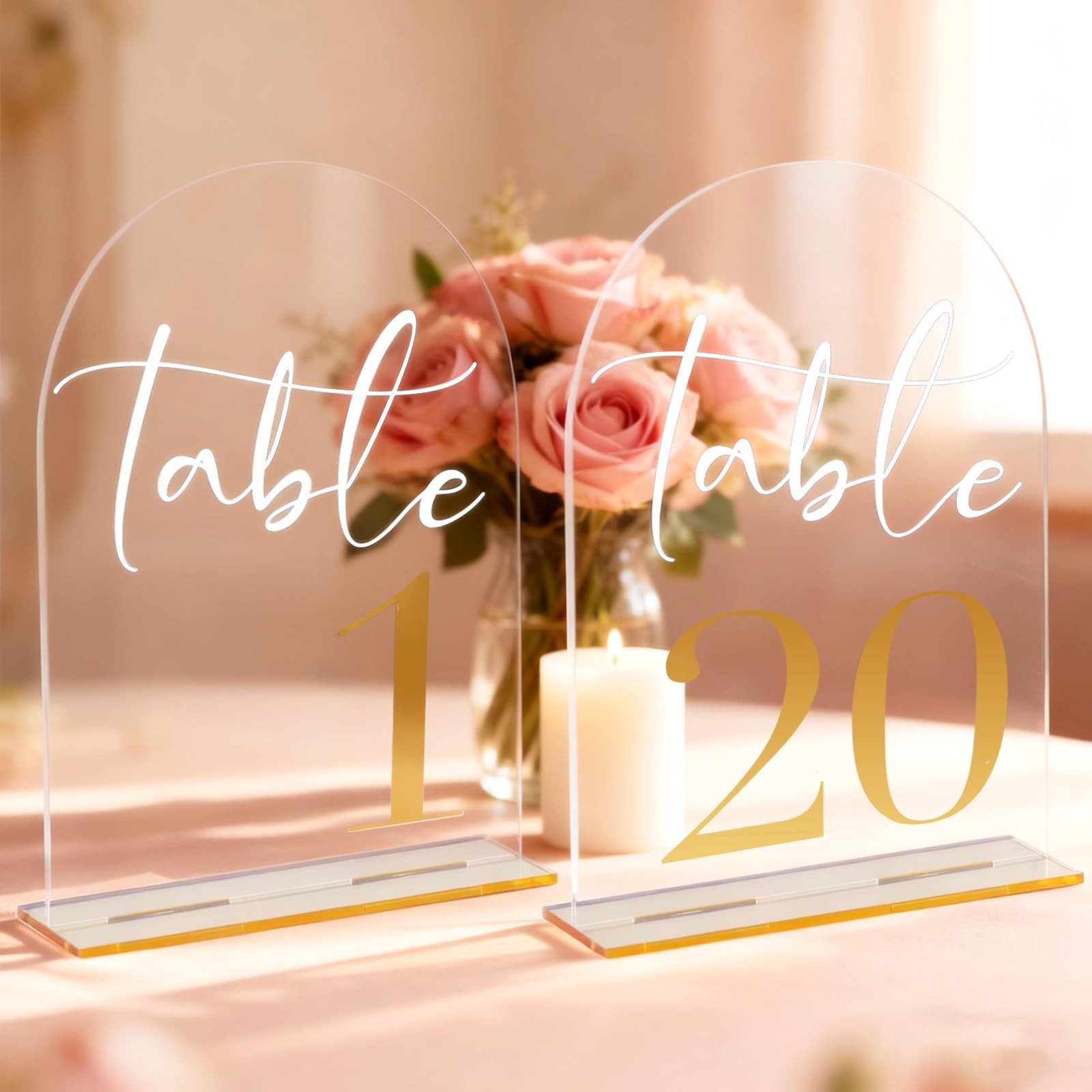 20 PCS Elegant Acrylic Wedding Table Numbers 120 Golden Text 5×7 Stands