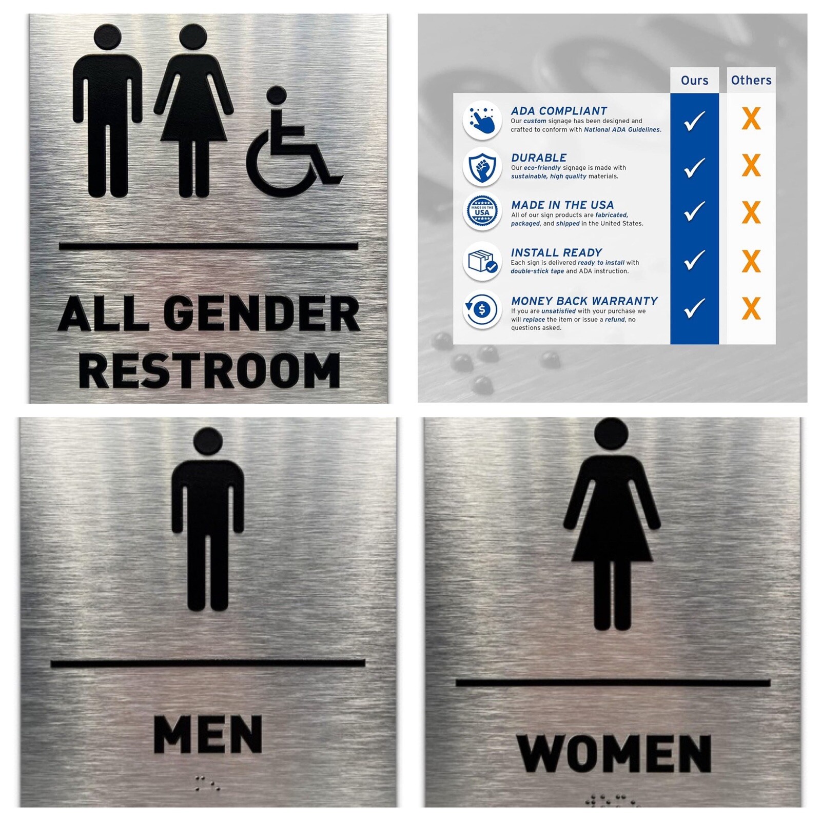 5 NEW Brushed Aluminum Signs by GDS: 2 MEN + 2 WOMEN + 1 ALL GENDER RESTROOM