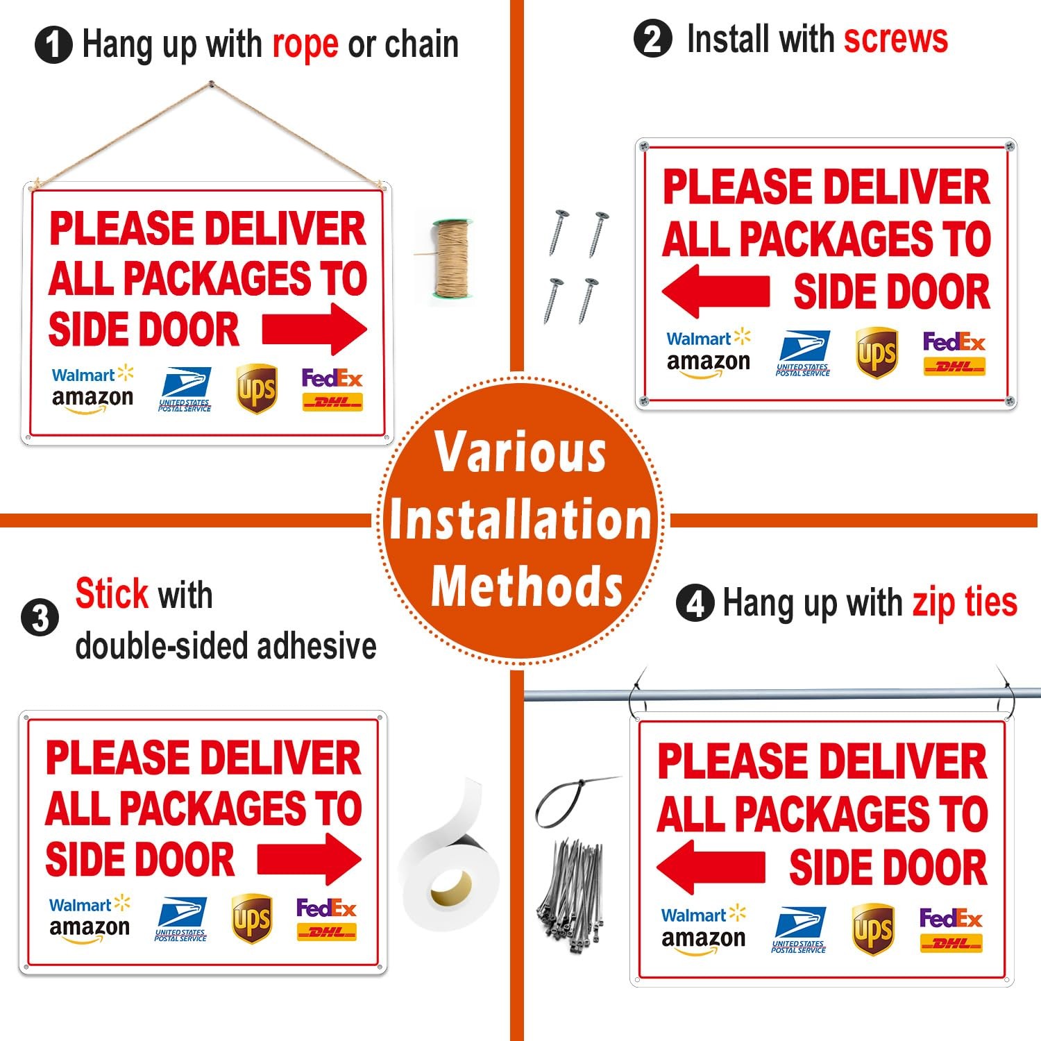 2 Pack 14×10 inch Deliver All Packages to Side Door Sign with Arrows Plastic