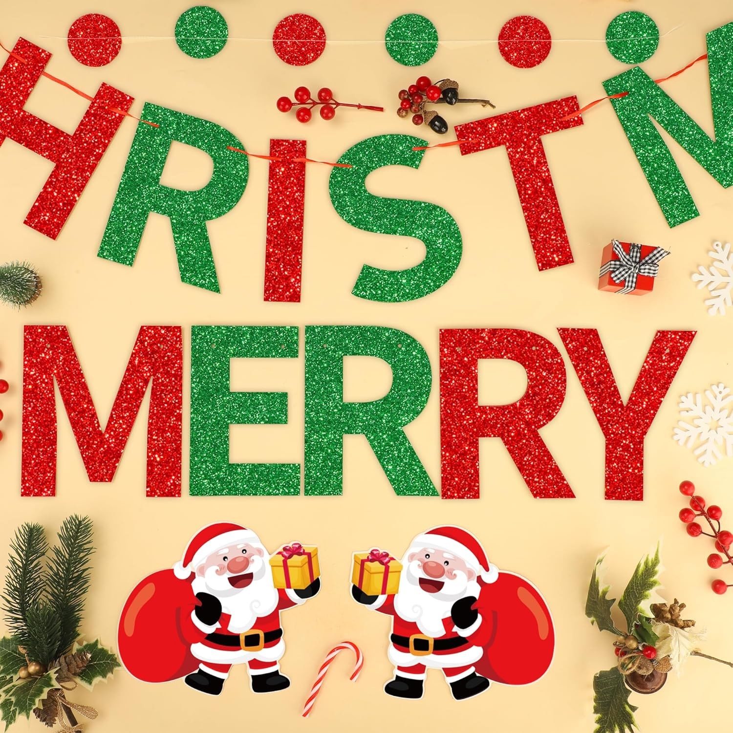 3-Pack Merry Christmas Banner Red Green Glitter Santa Garland Holiday Decor