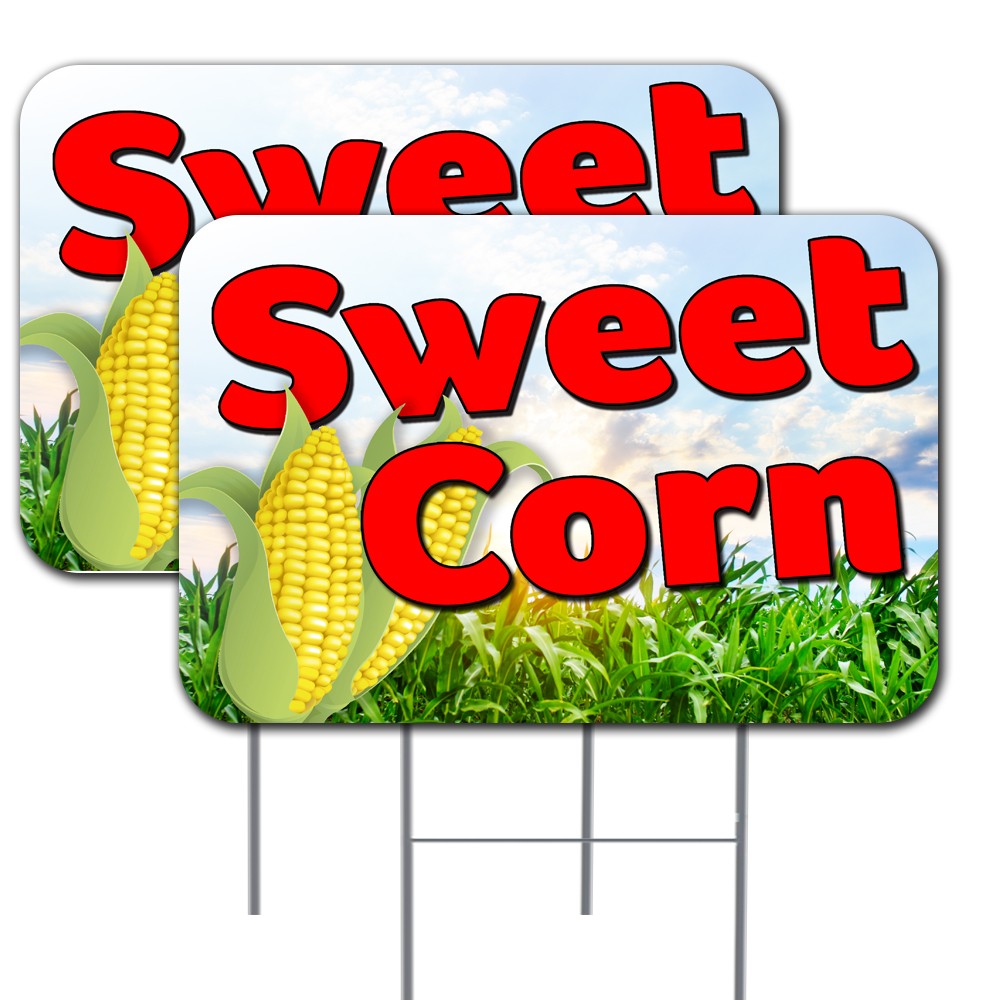 SWEET CORN 2 Pack Double-Sided Yard Signs 16&Prime; x 24&Prime; with Metal Stakes (Made in