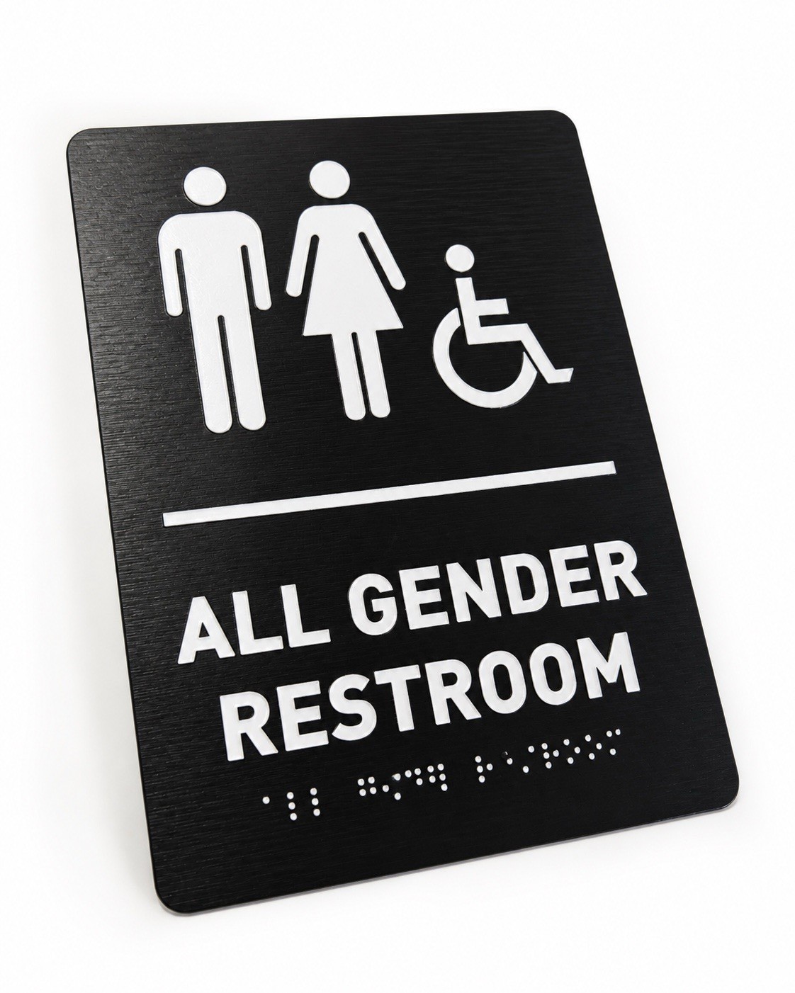 All Gender Restroom ADA Sign w/ Braille Brushed Aluminum 6×9 Black Peel & Stick