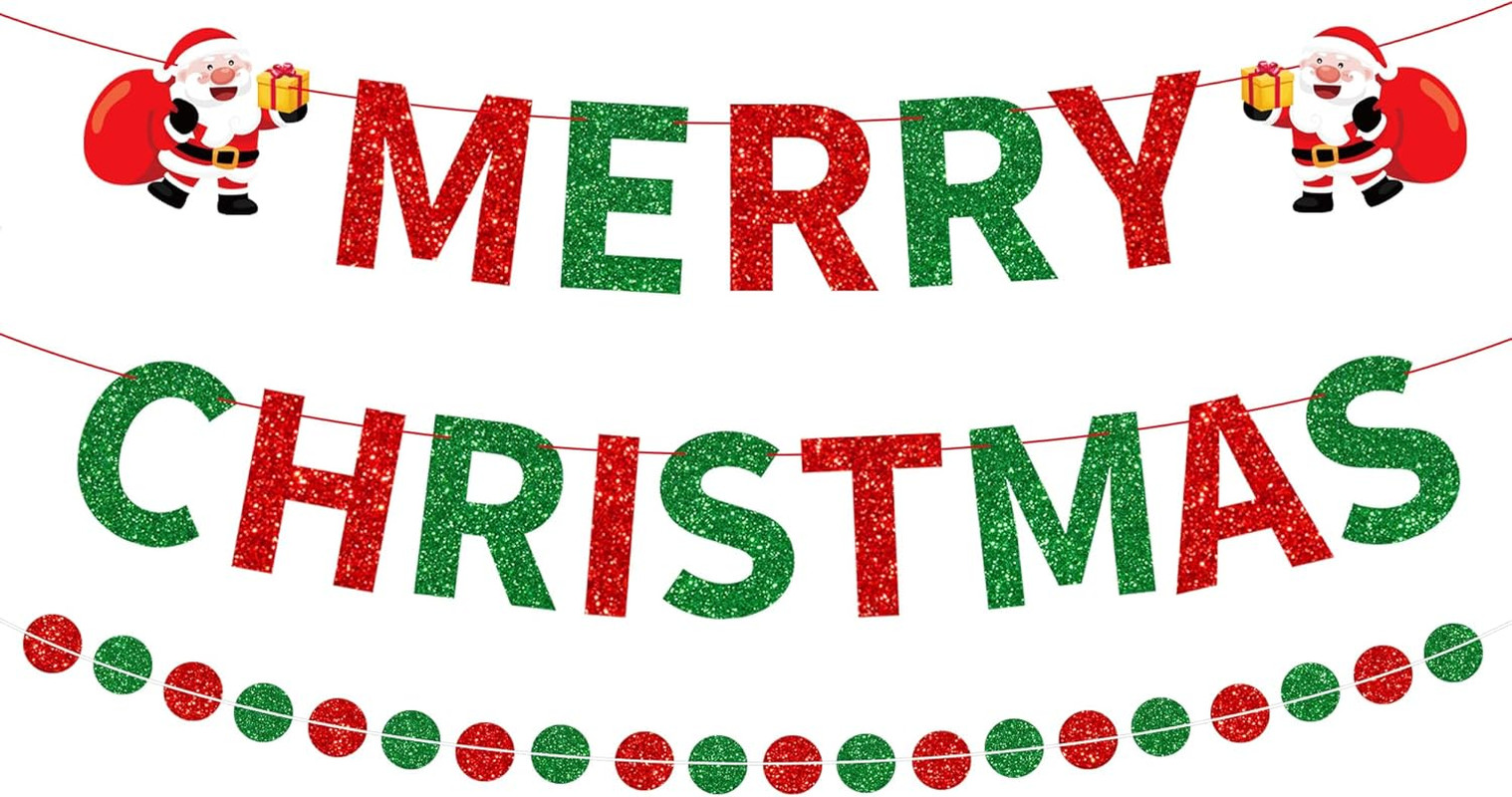 3-Pack Merry Christmas Banner Red Green Glitter Santa Garland Holiday Decor