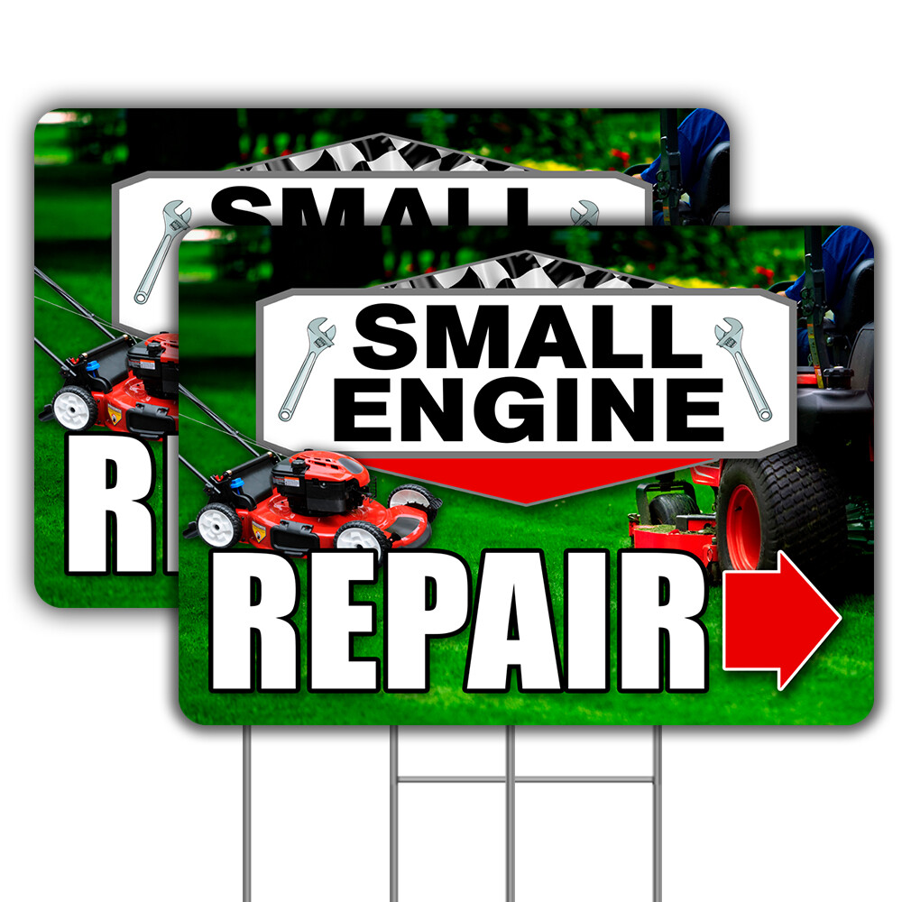 Small Engine Repair 2 Pack Double-Sided Yard Signs 16&Prime; x 24&Prime; with Metal Stakes (