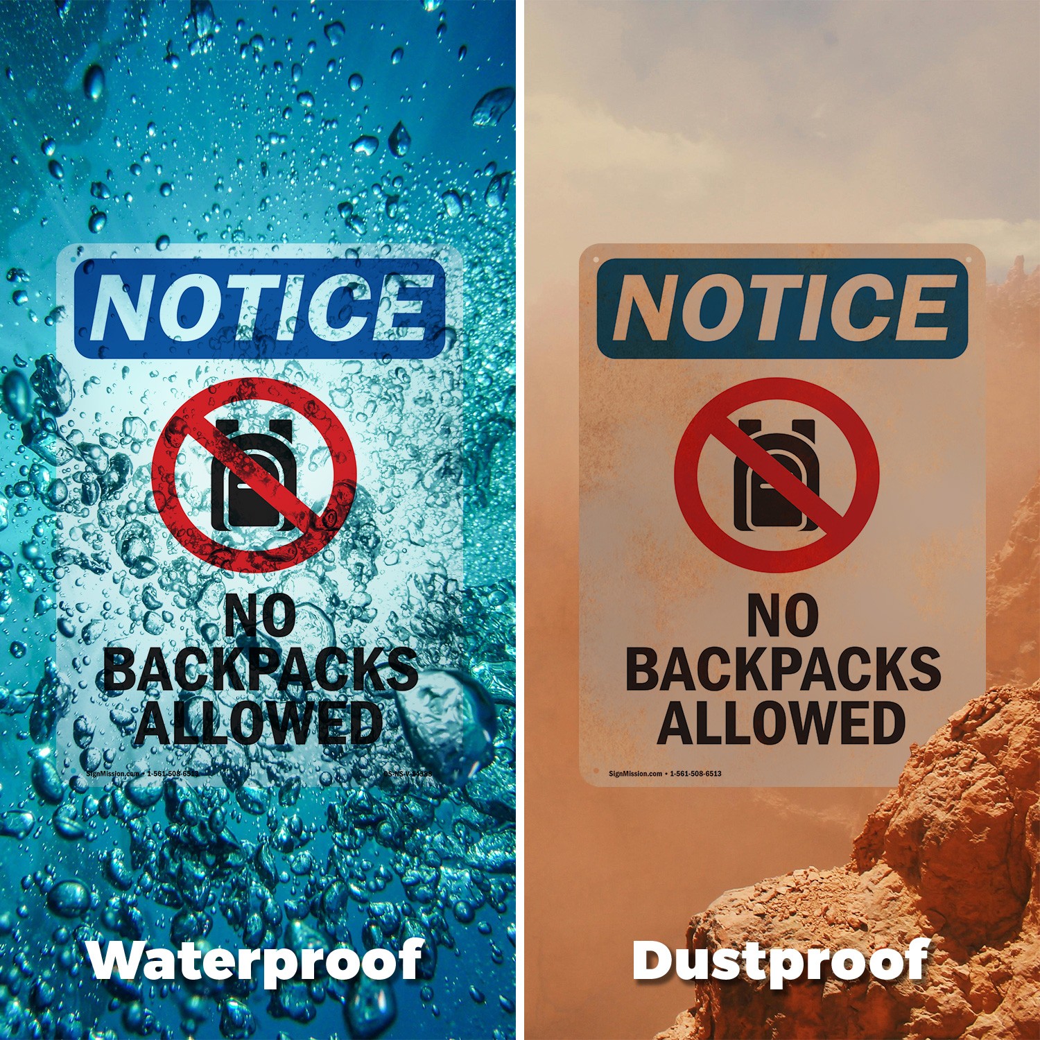 No Backpacks Allowed OSHA Notice Sign Metal, Plastic, Or Decal – 5 or 10 Pack
