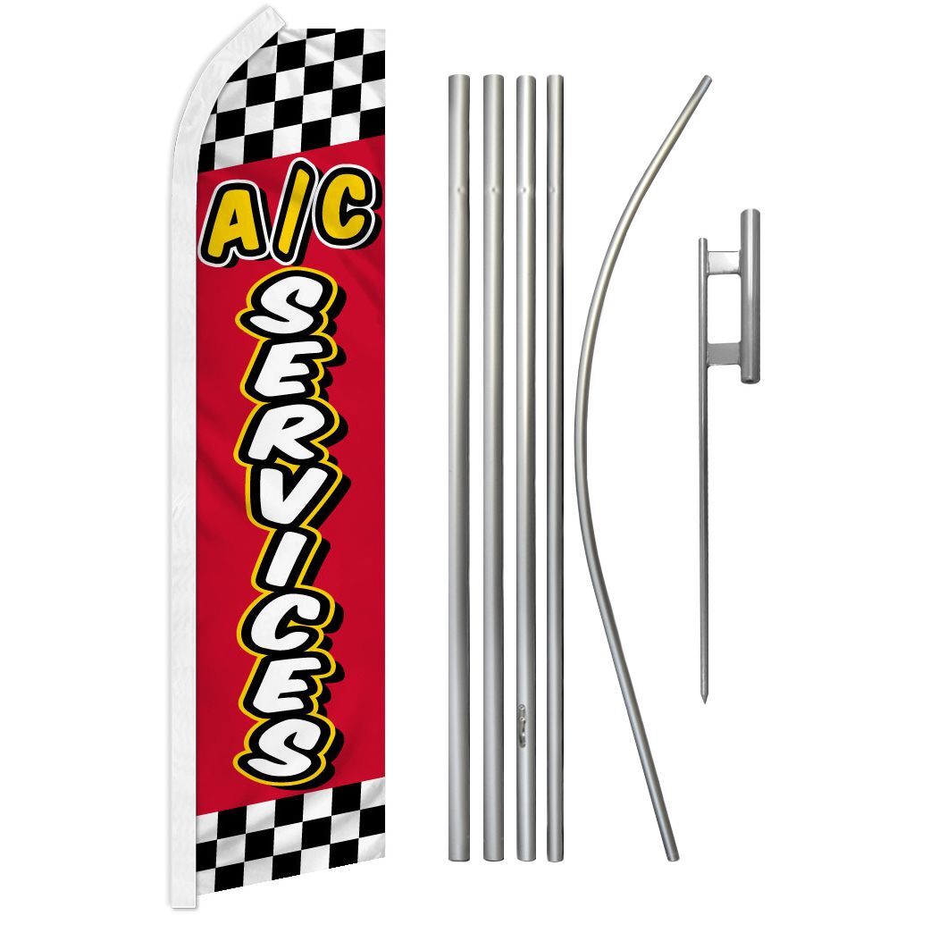 « A/C SERVICES » Advertising Super Flag & Pole Kit air condition service red check