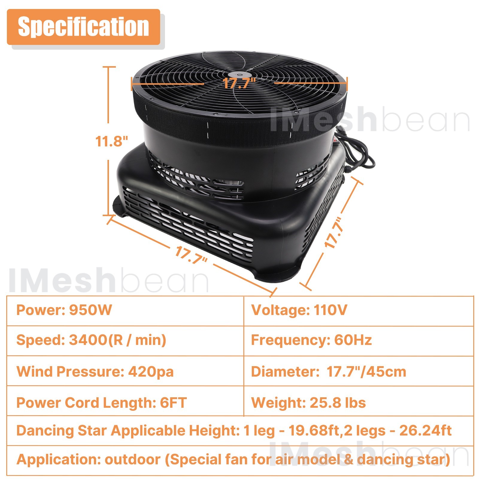 950W Air Blower Fan 18&Prime; Air Dancer Blower Fit Inflatable Wind Dancer Tube Man