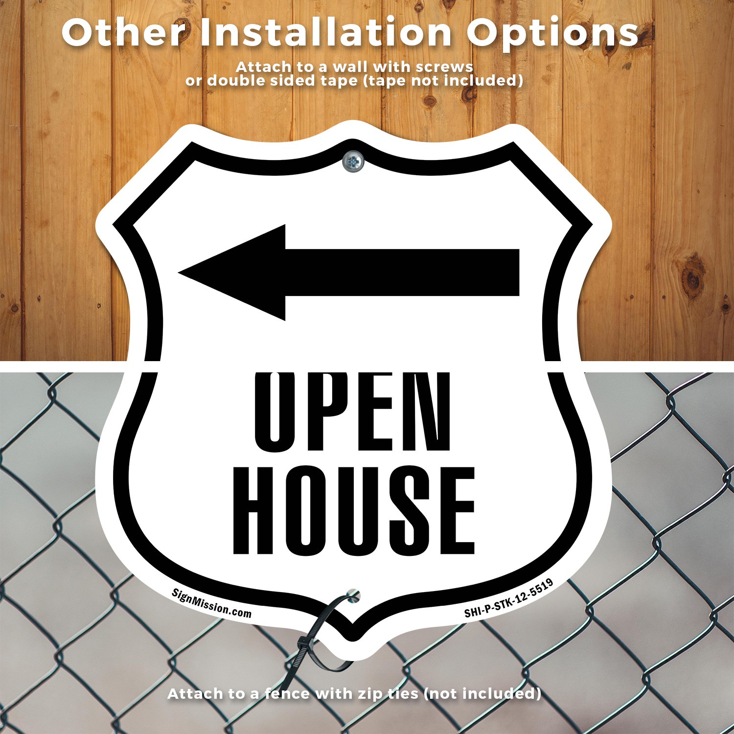 Open House Left Shield Shaped Sign With Stake Crafted in the USA