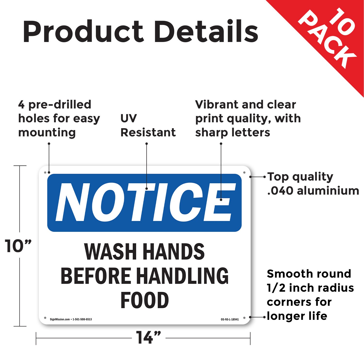 Wash Hands Before Handling Food OSHA Notice Sign Metal,, Decal 5 or 10 Pack