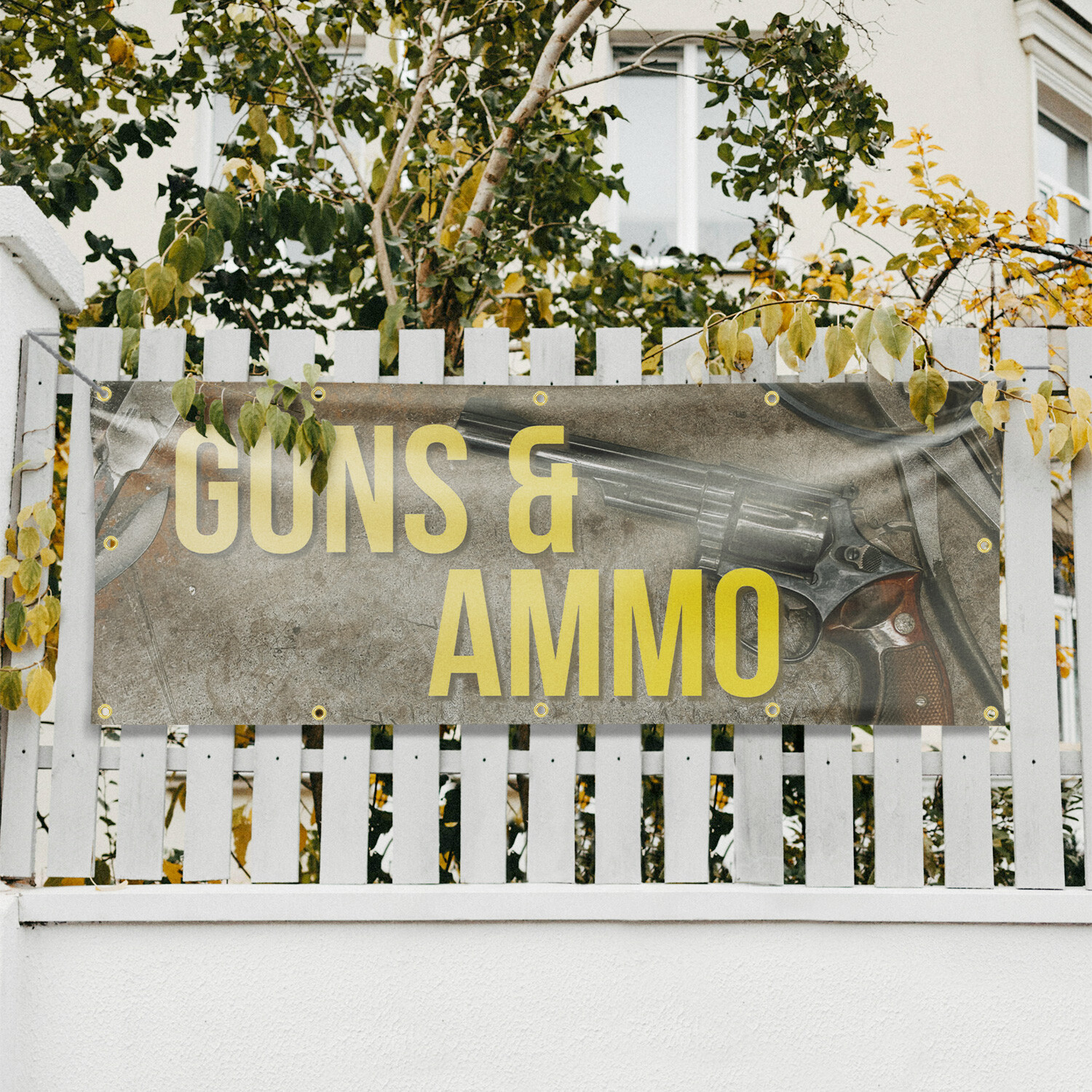 Guns Ammo 13 oz Vinyl Banner Sign with Metal Grommets Heavy-Duty Single-Sided