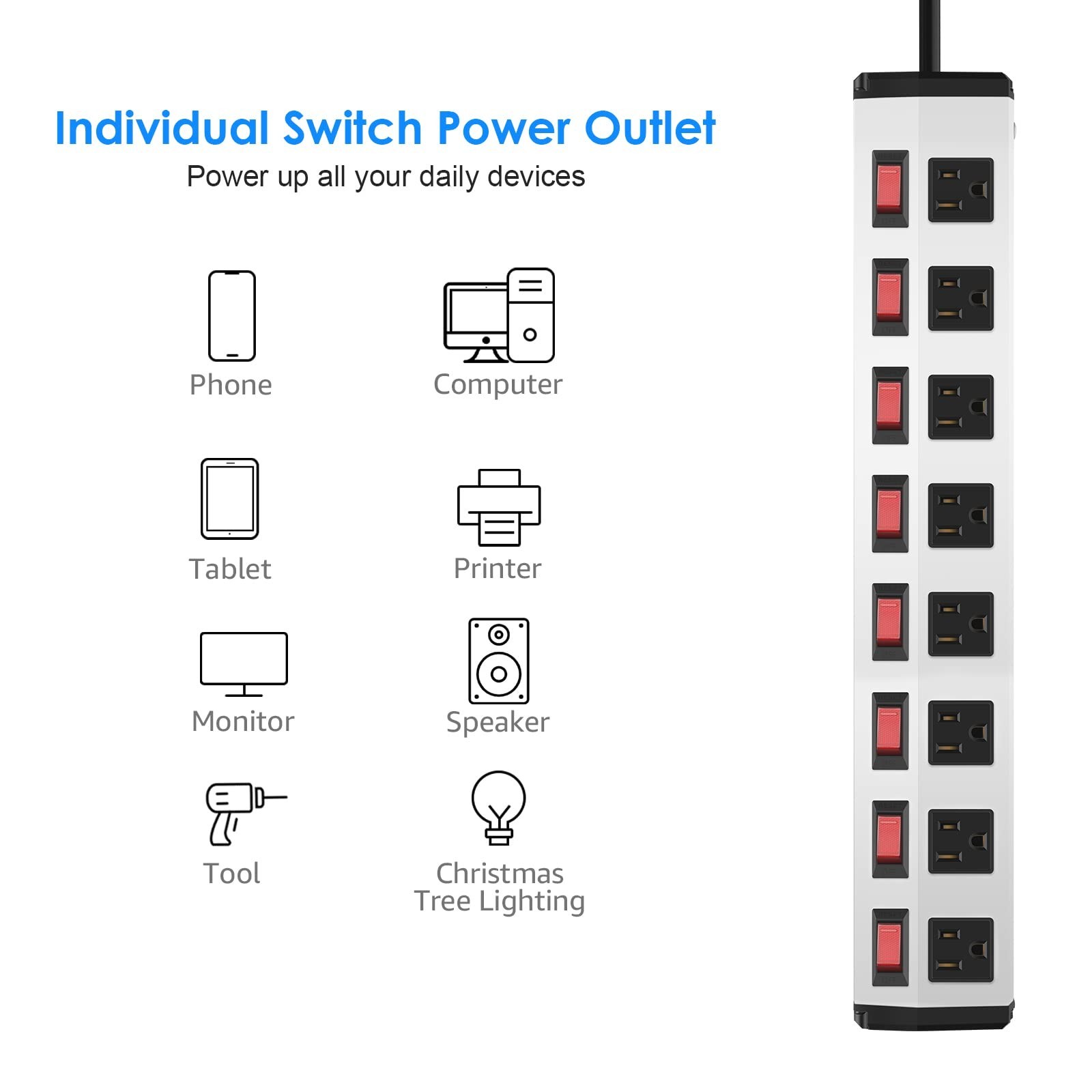 8 Outlet Metal Power Strip with Individual Switches,Heavy Duty Appliance Powe…